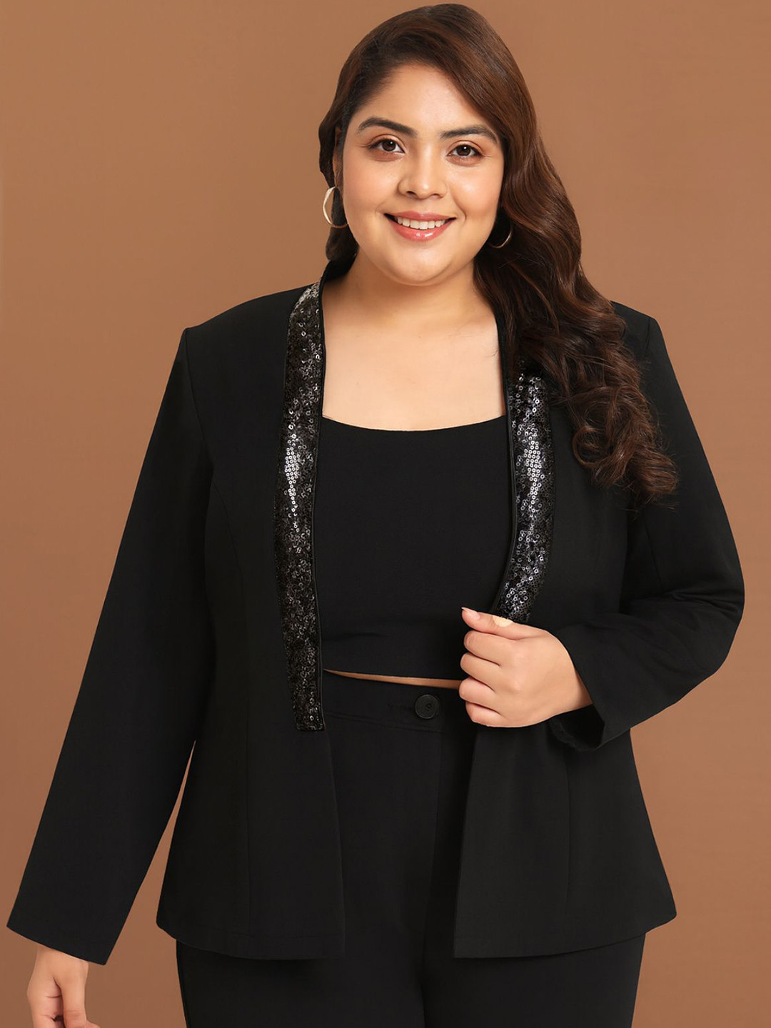 wild U Embellished Plus Size Shawl Collar Front-Open Sequin Blazer