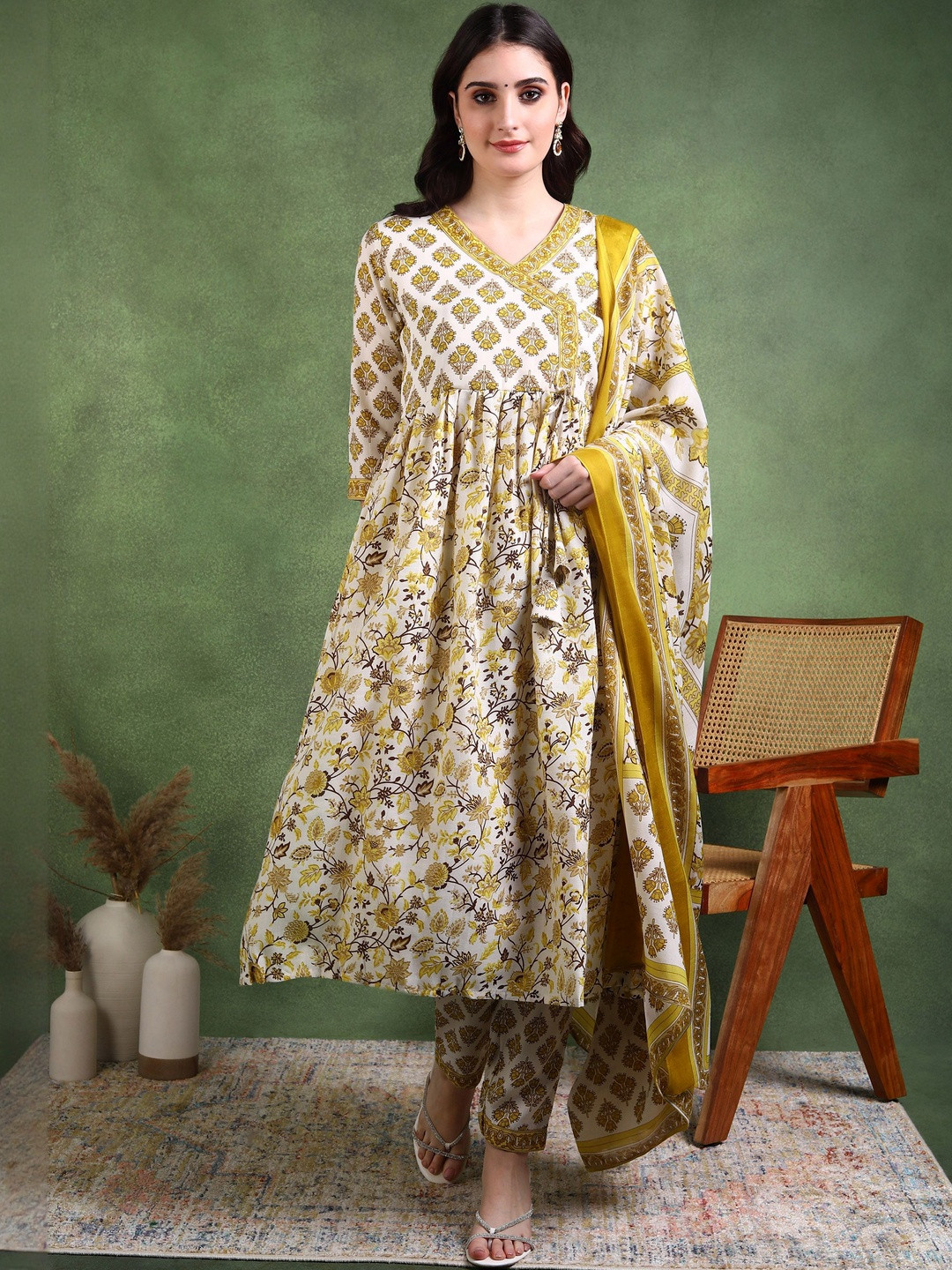 Moda Rapido Women Mustard Printed Cotton Blend Anarkali Kurti & Trousers With Dupatta