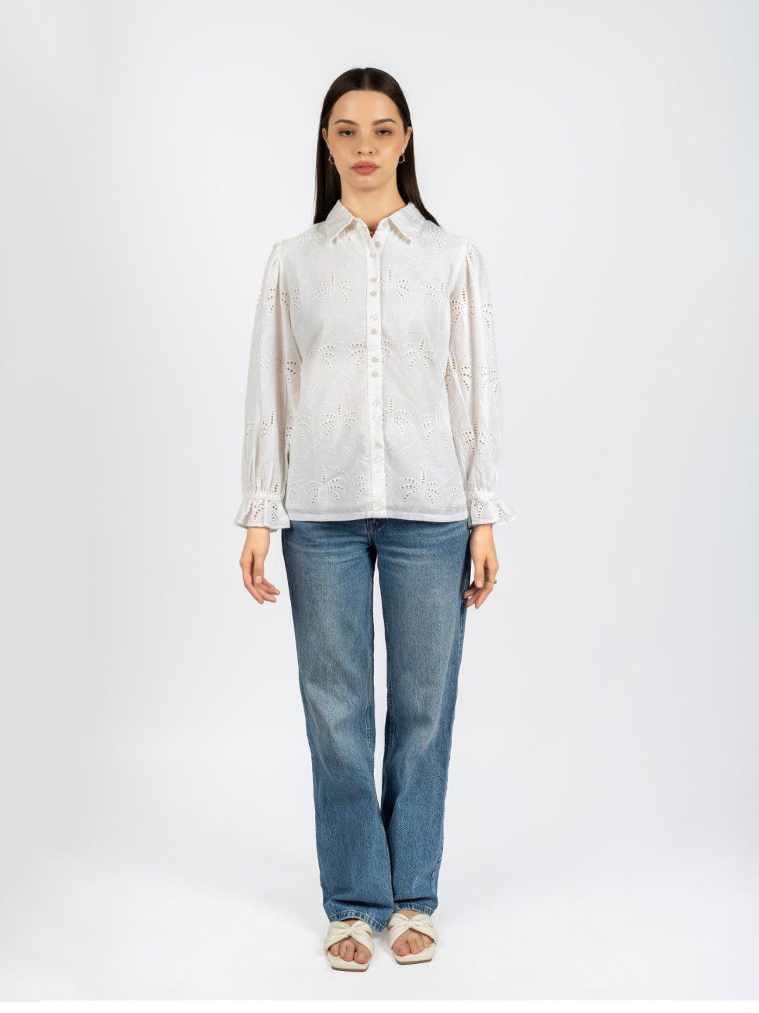 CORY EDGE Women Embroidered Schiffli Cotton Shirt Style Top