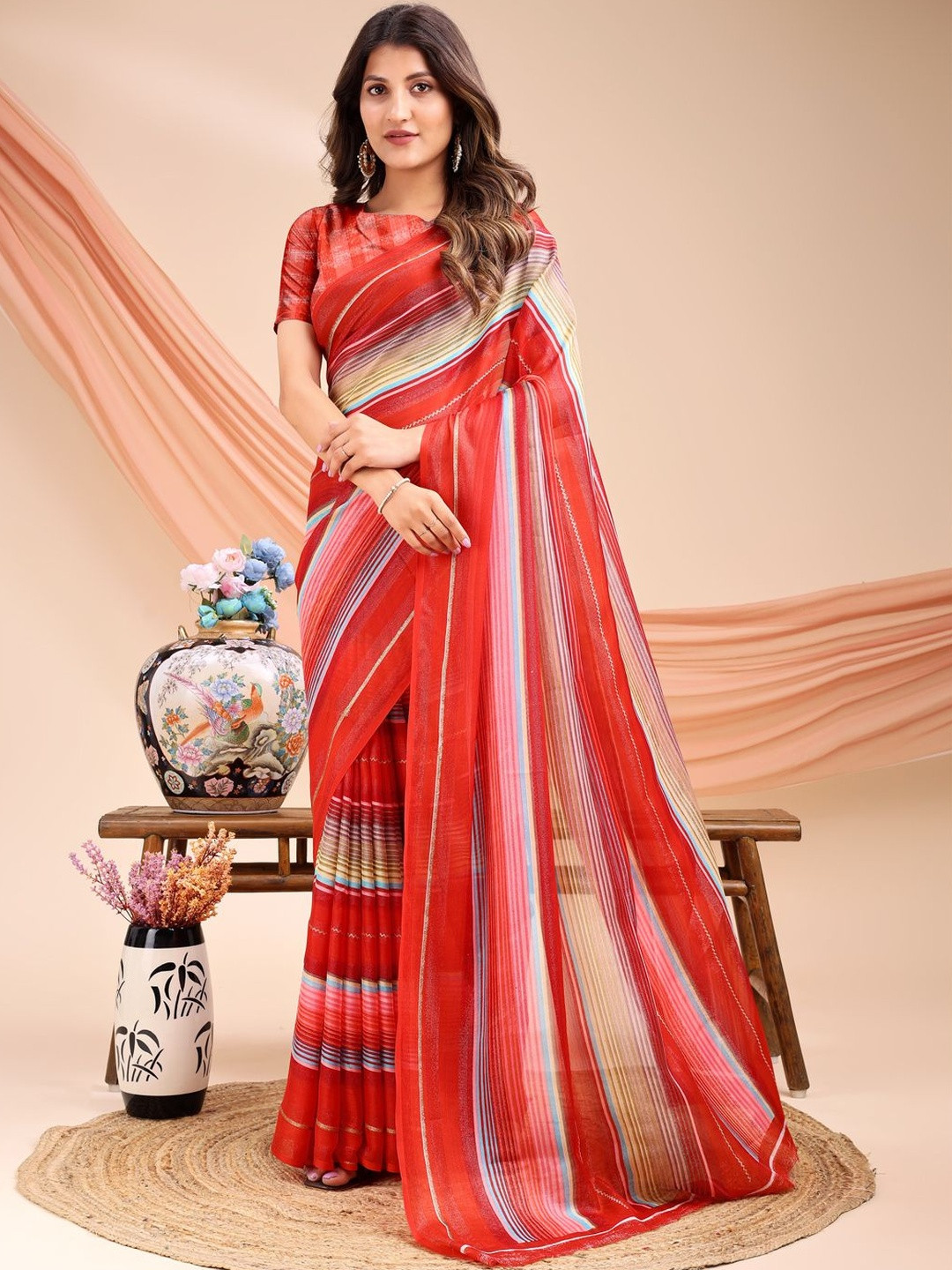 Leelavati Striped Printed Zari Pure Chiffon Saree