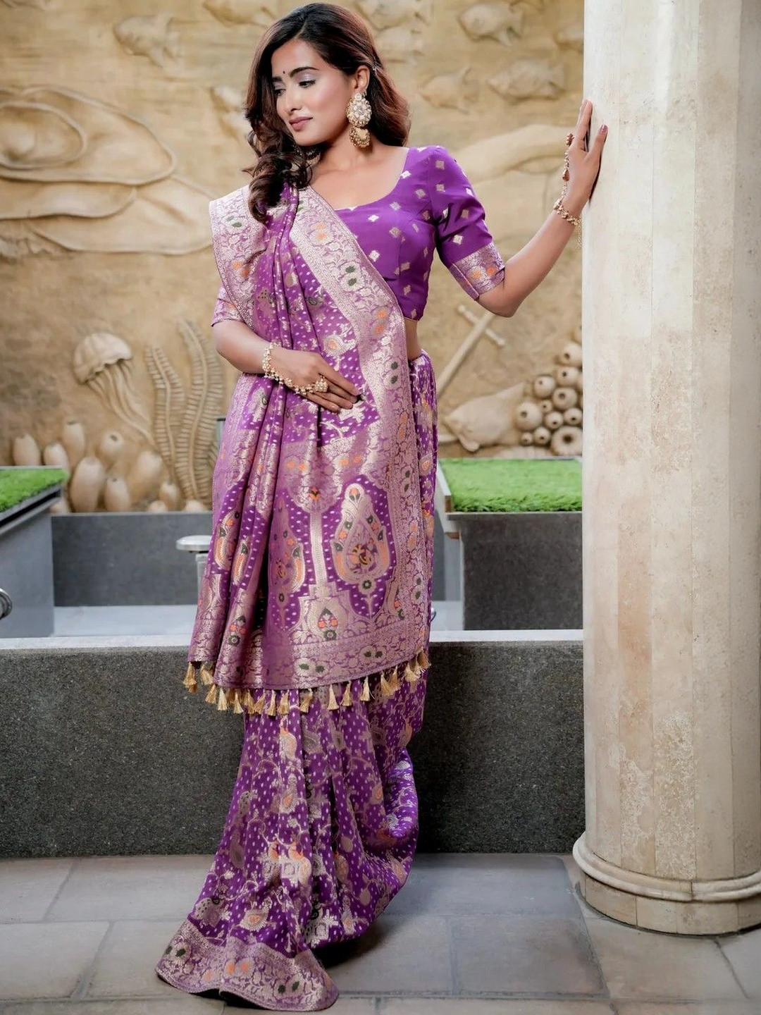 Bhageerath Couture Ethnic Motifs Woven Design Zari Pure Georgette Bandhani Saree