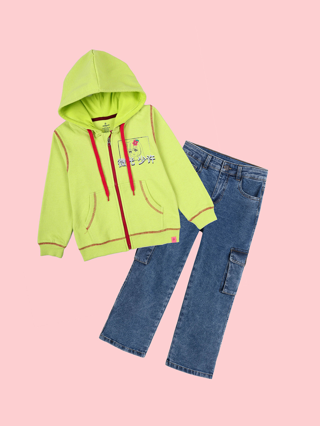 KiddoPanti Girls Printed Zip-Up Hoodie with Cargo Pant
