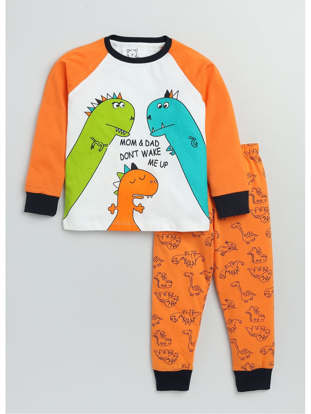 YK Boys Orange & White Dino Printed Round Neck Cotton T-Shirt & Pyjama Night Suit