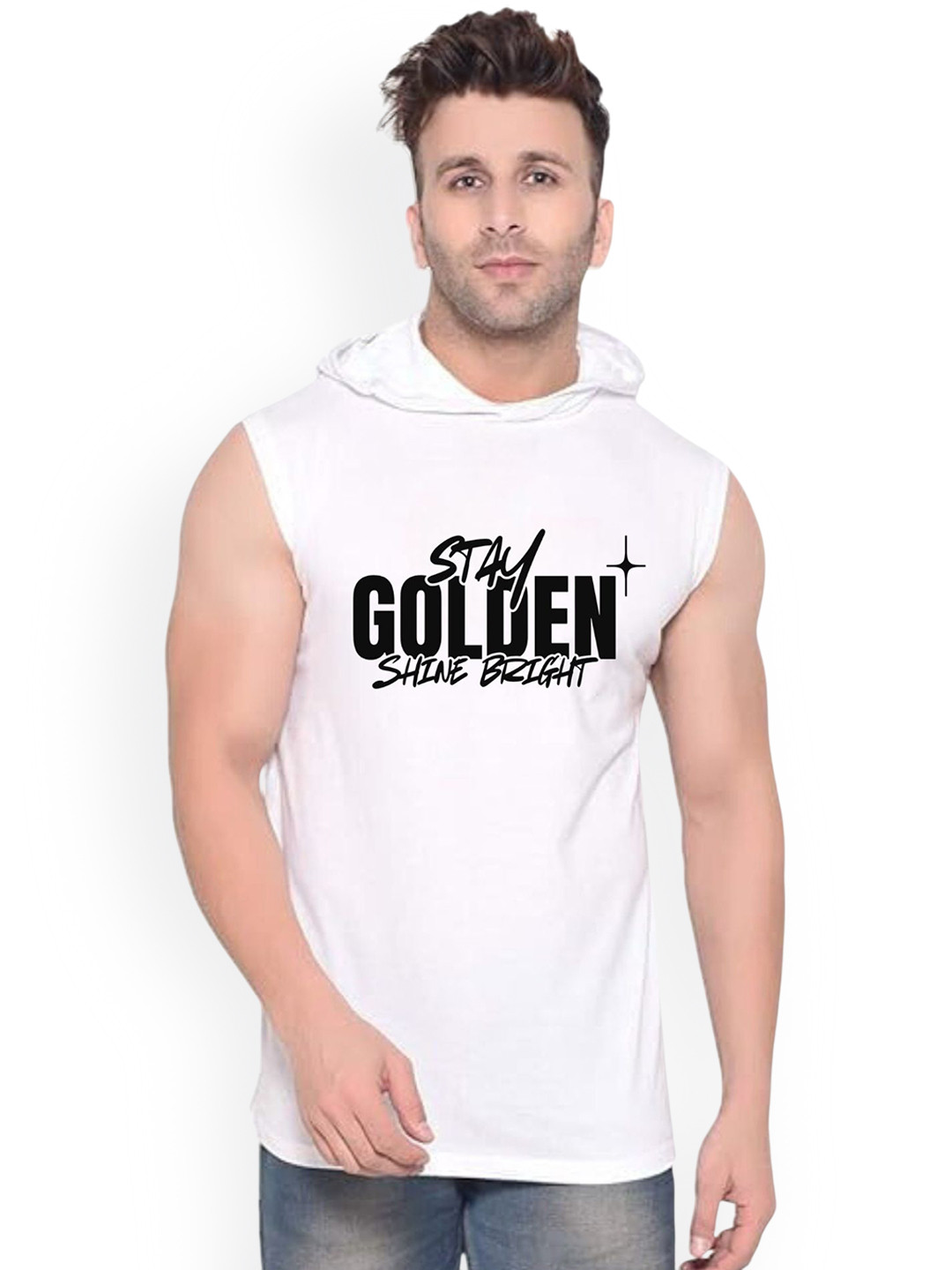 Fashnobic Stay Golden Men Printed Hooded-Neck Gym Vests