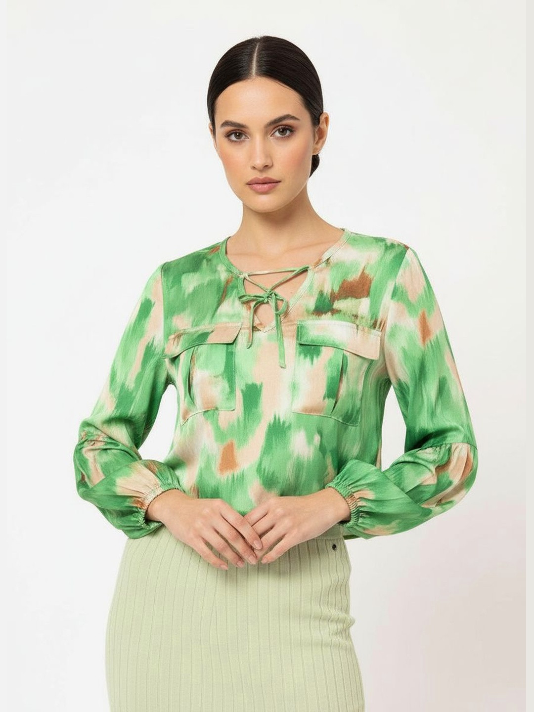 DressBerry Modern Muse Printed Lace-Up Flap Pocketed Satin Top