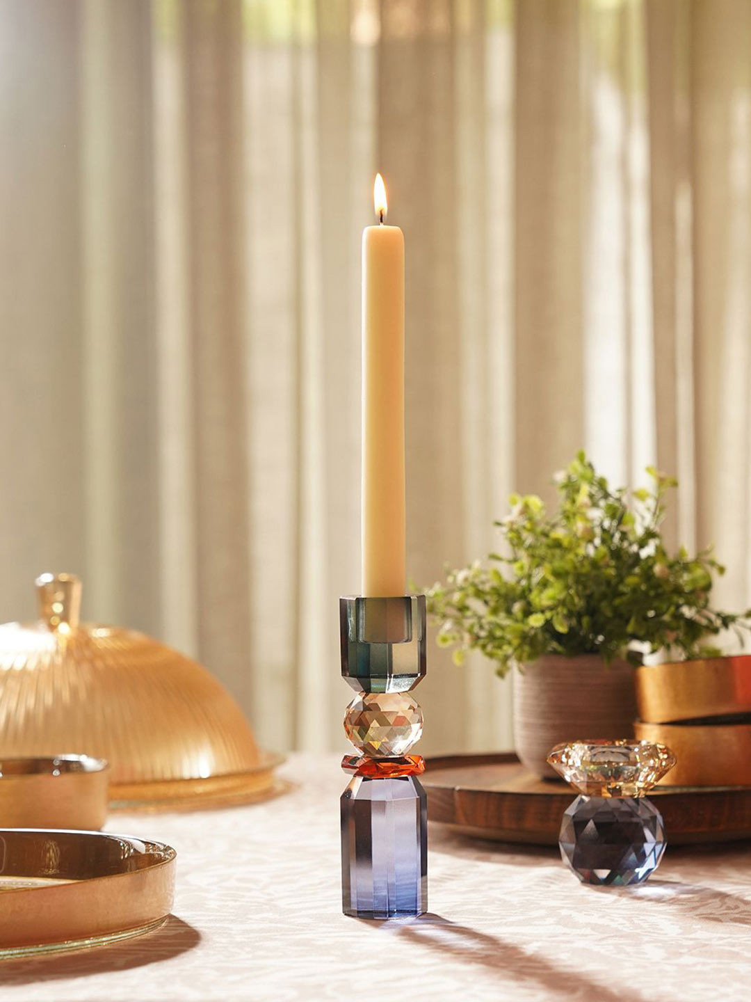 Pure Home and Living Blue & Yellow Crylindrical Crystal Glass Candle Holder