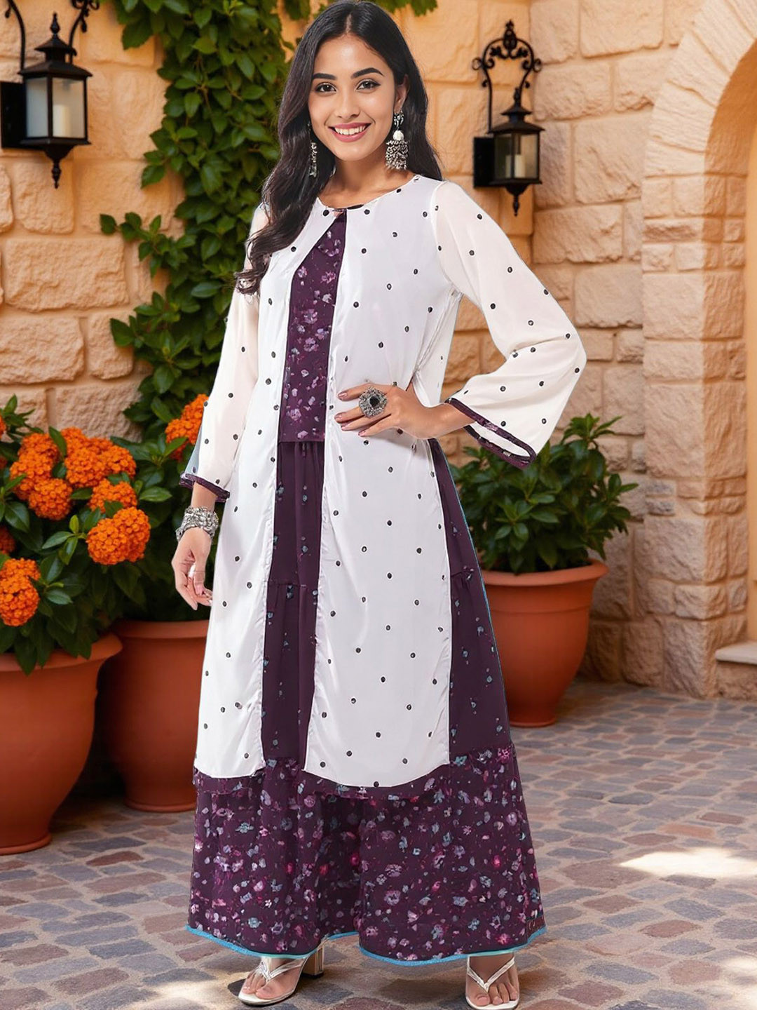 KYVO Mughal Printed Top With Skirt & Embroidered ShrugCo-Ords