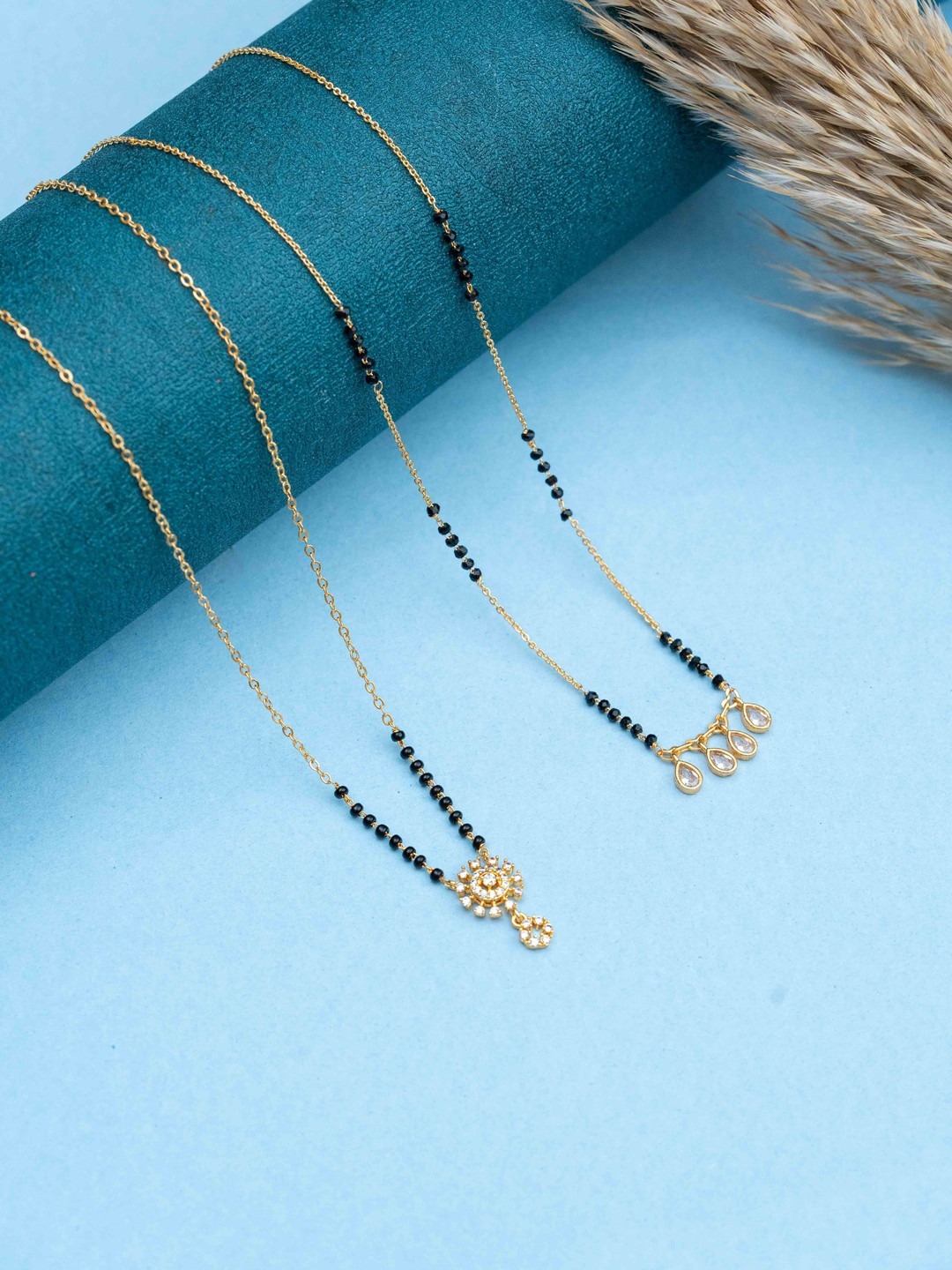 Zeraki Jewels Meher And Deepika Set Of 2 Stones Studded & Beaded Teardrop Mangalsutras