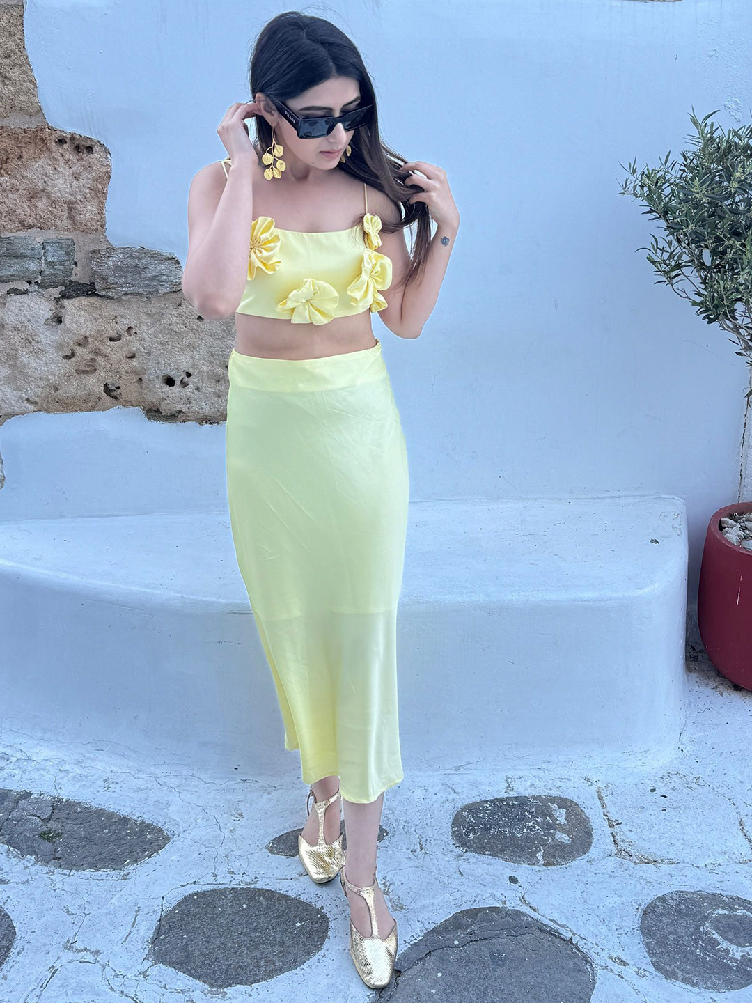 House of Sal Nile Floral-Detailed Satin Cropped Top With Skirt Co-Ords