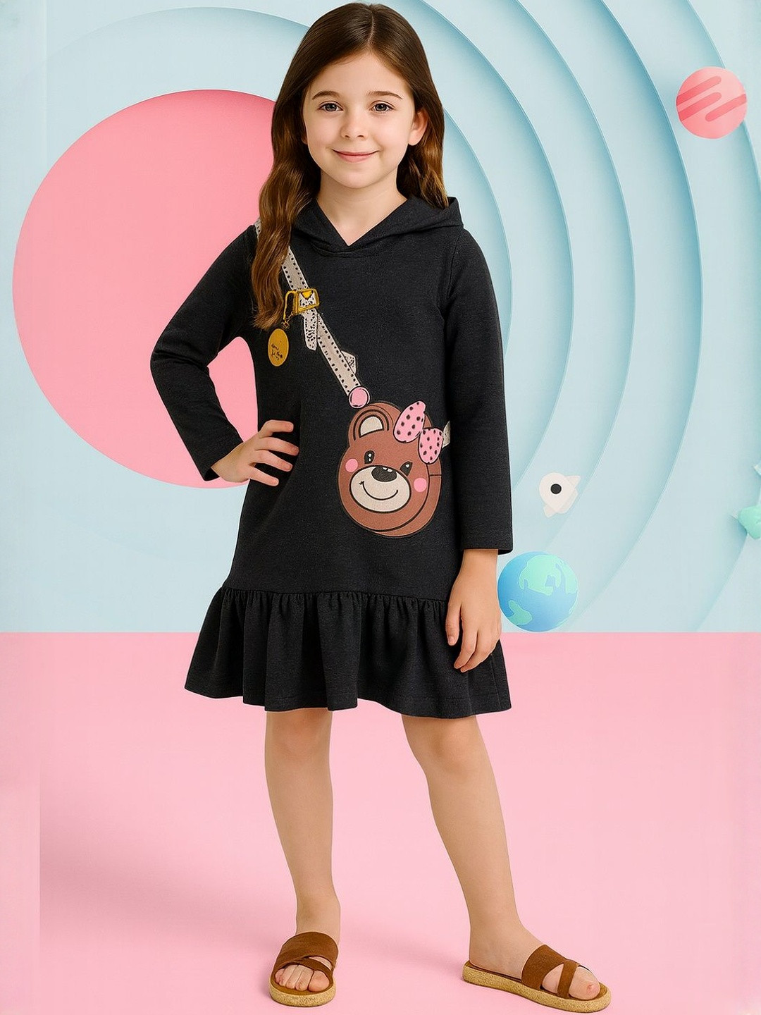 YK Girls Hooded Full Sleeves Graphic Printed Drop-Waist Dress