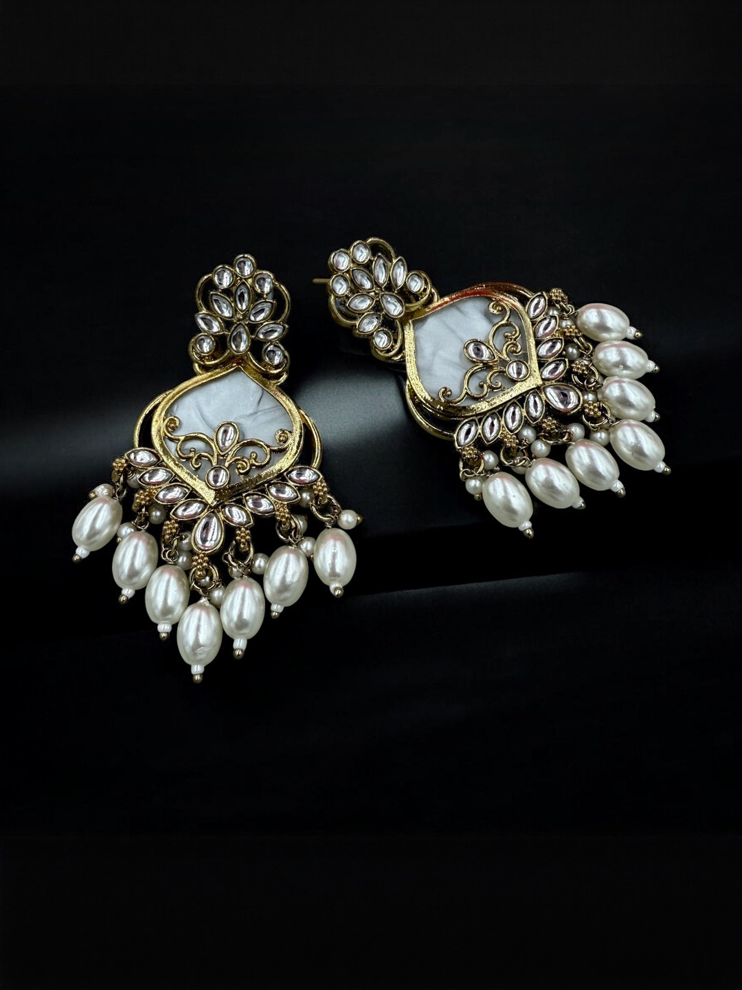 KADY Women Gold Plated Kundan & White Beads Earrings