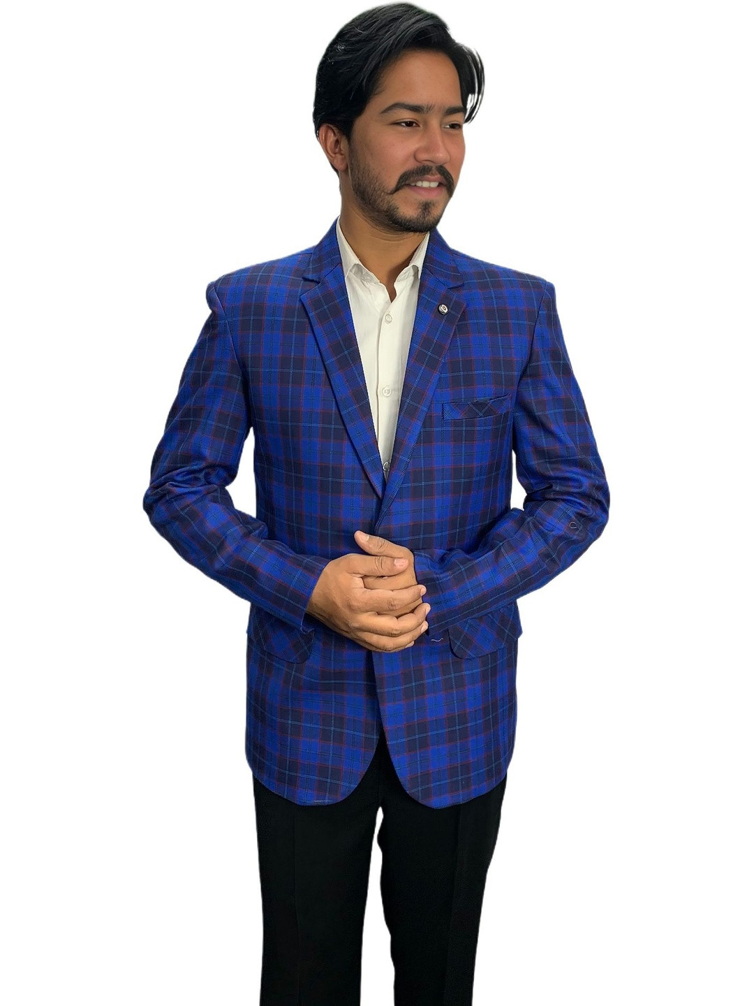GARGIAN Master Cut Men Blue Checked Notched Lapel Cotton Long Sleeves Formal Blazers