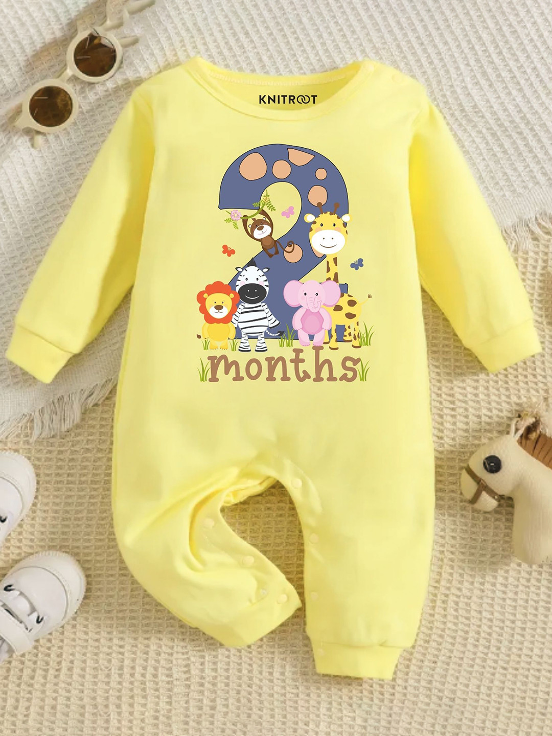 KNITROOT Kids Printed Round Neck Long Sleeves Snap button Cotton Rompers