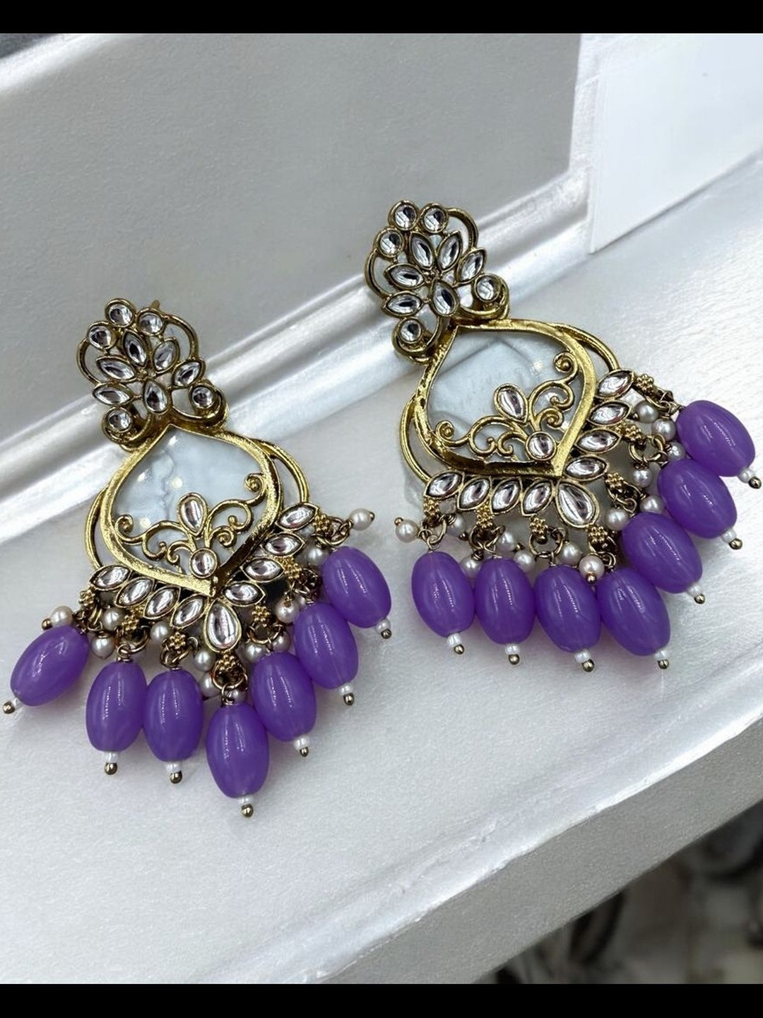 cosfic Gold Plated Kundan Studded And Beaded Teardrop Shaped Enamelled Drop Earrings