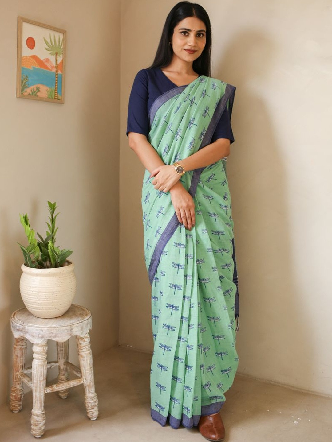 Moora Dragonflies Printed Pure Cotton Block Print Saree