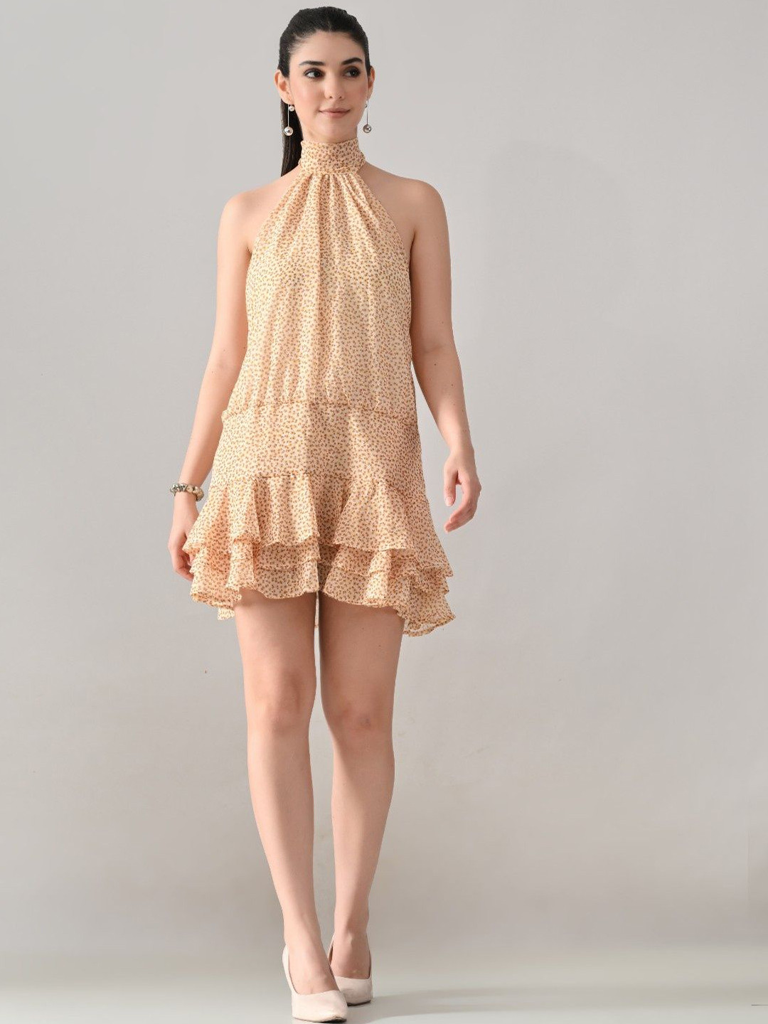 ANNY Women Floral Printed Halter Neck Ruffled Georgette Shift Dress