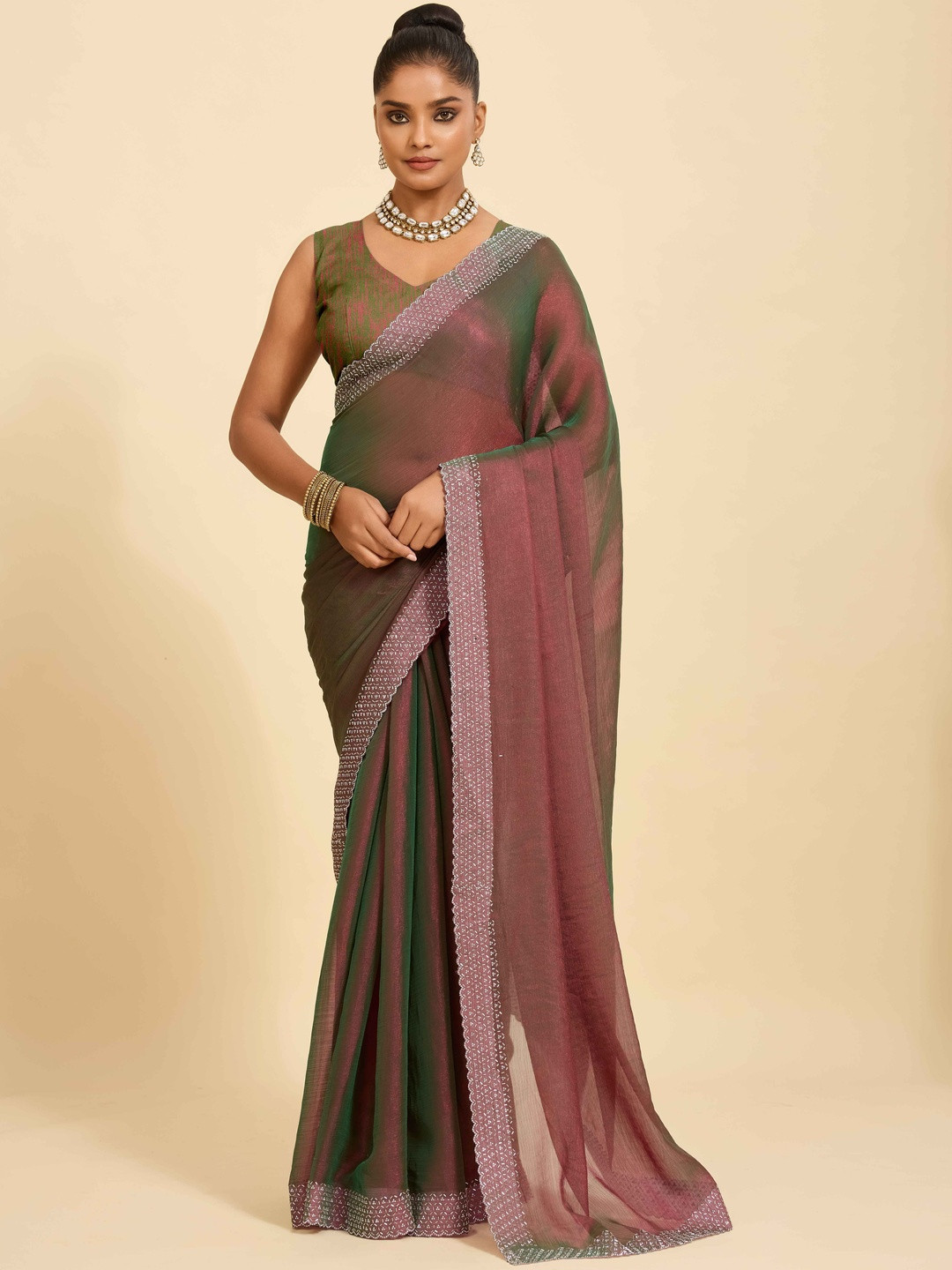 MODEHEAVEN Beads and Stones Embellished Border Saree With Blouse Piece