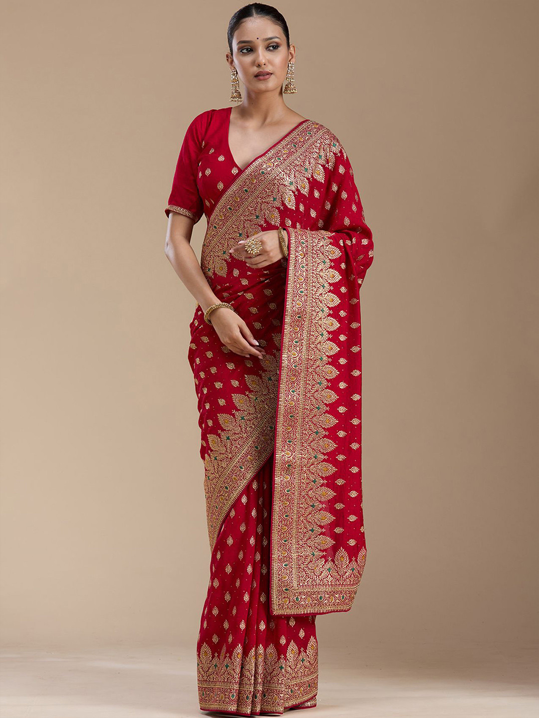 Koskii Woven Design Red Zariwork Soft Raw Silk Saree