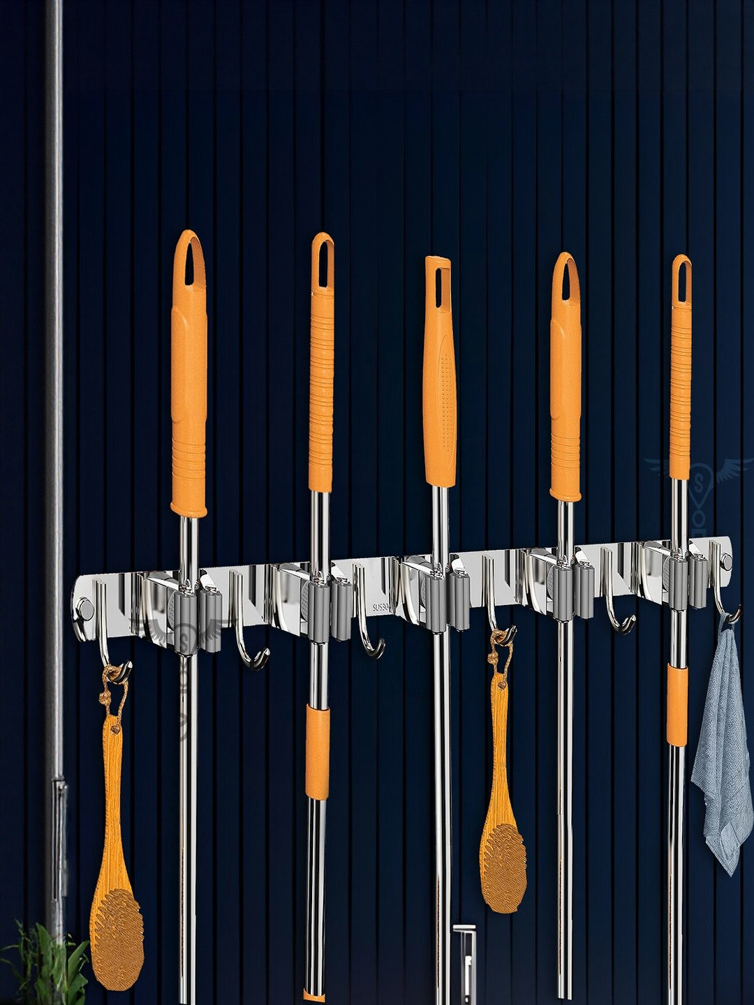 Sittella Stainless Steel 5 Racks with 6 Hooks Wall Mounted Broom and Mop Stick Holder