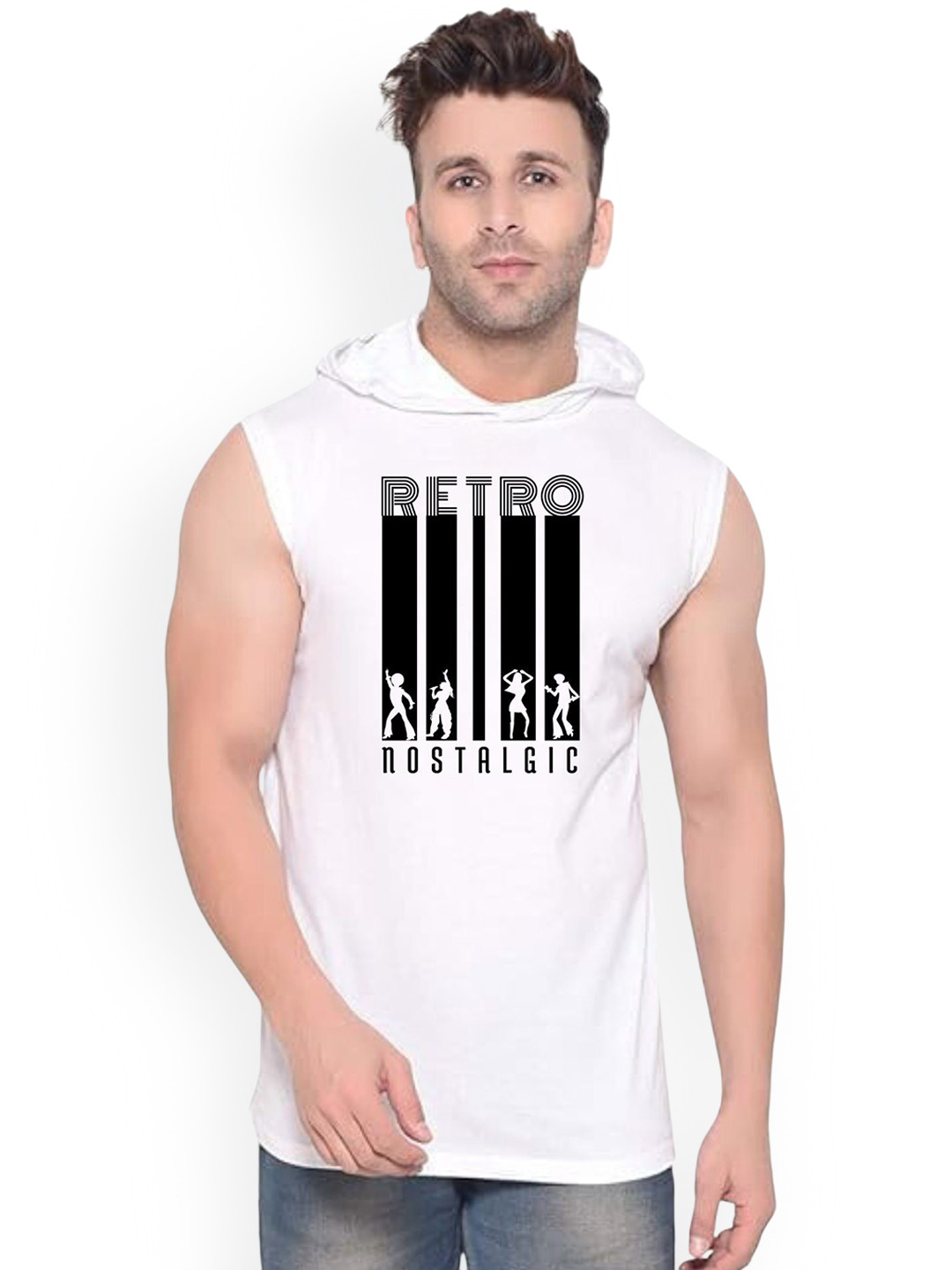 Fashnobic Men Retro Nostalgic Printed Hooded-Neck Gym Vests