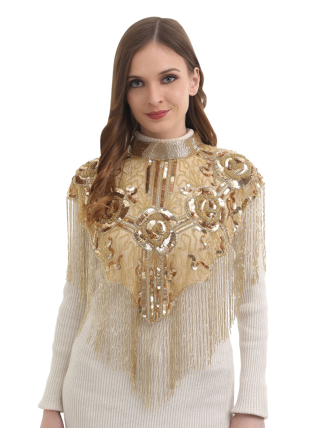 JEDCO Women Sequin Embroidered High Neck Cape Poncho Shrug