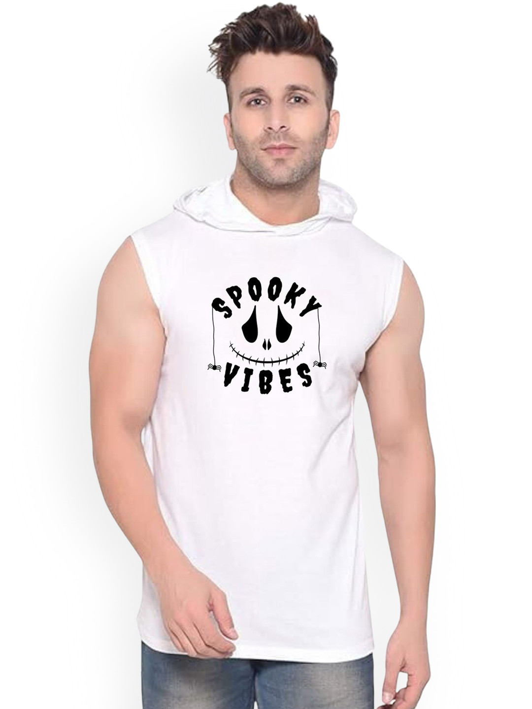 Fashnobic Men Spooky Vibes Printed Hooded-Neck Gym Vests FB-104_print-95_gym_vest White M