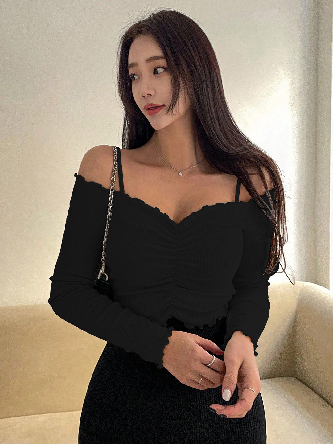 BAESD Women Ribbed Gathered or Pleated Off-Shoulder Smocked Crop Top