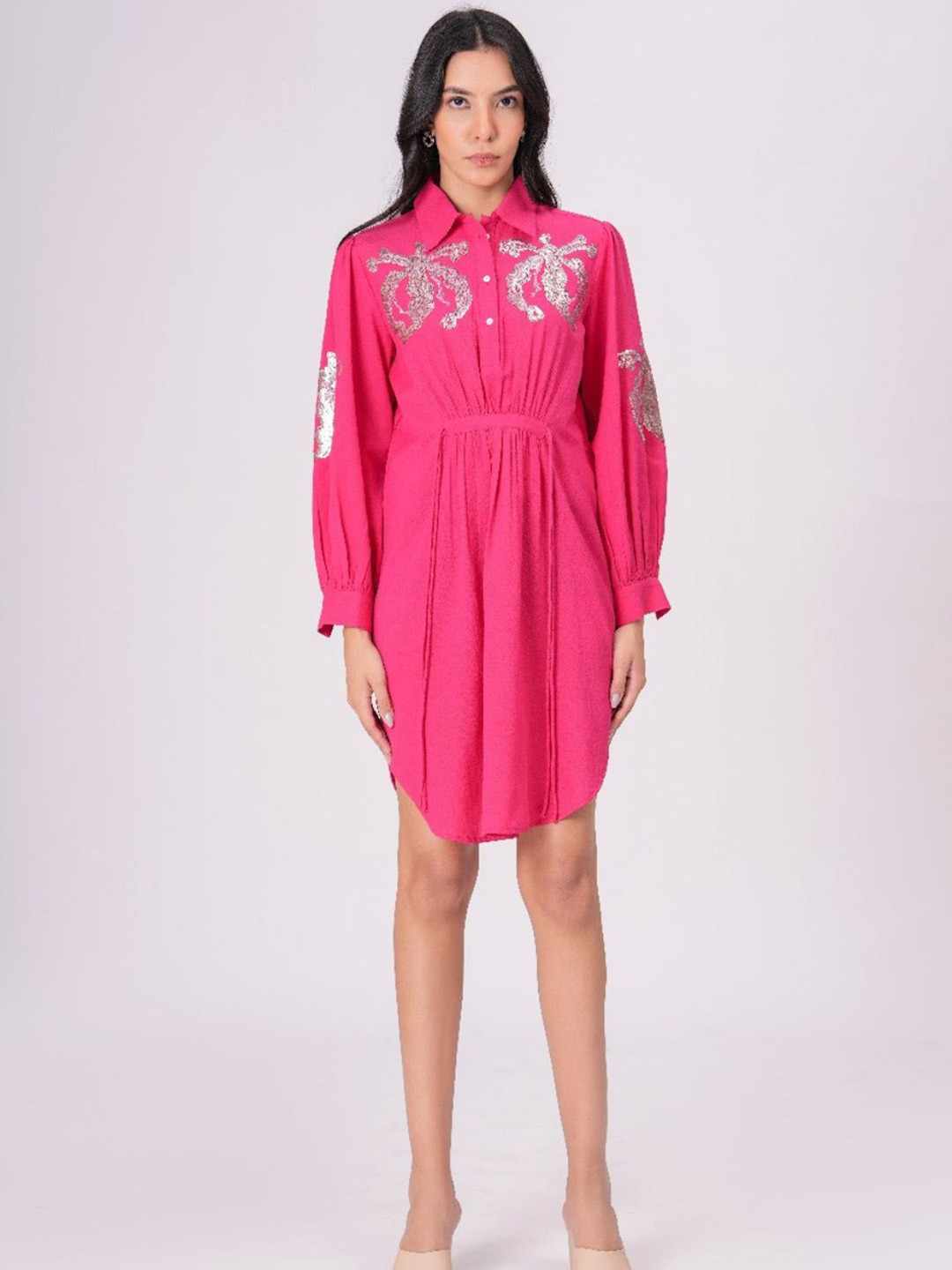 Zolo Label Embellished Shirt Collar Knee Length Pure Cotton Ethnic Dresses