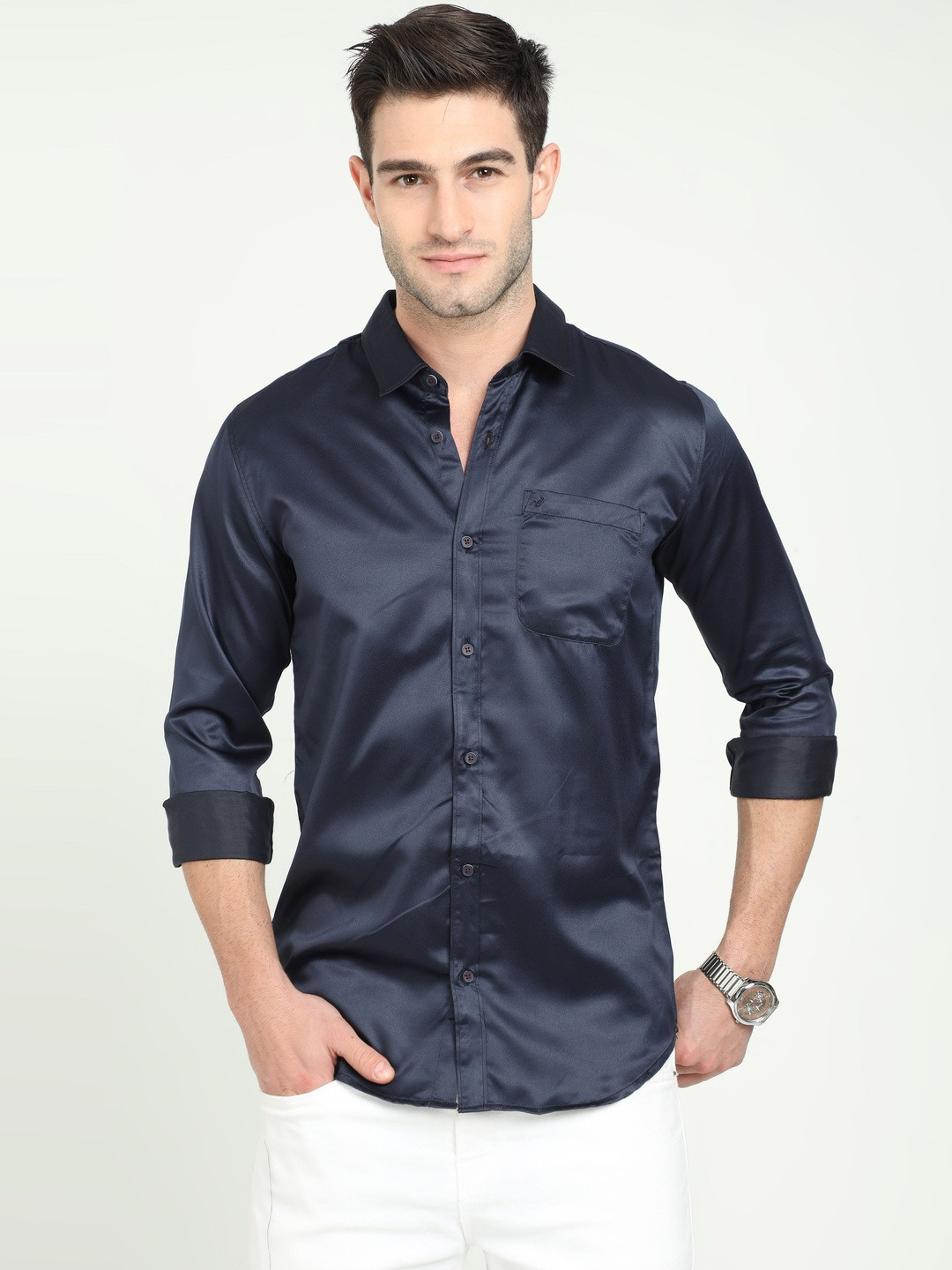 Rocket Science Men Navy Blue Satin Slim Fit Comfort Shirts