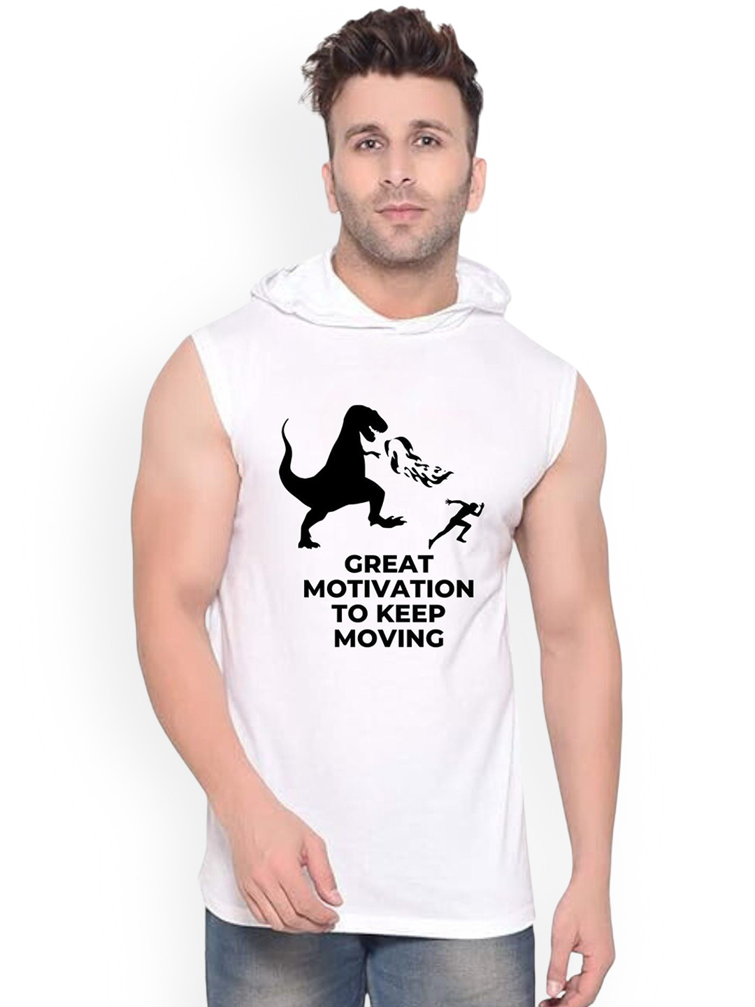 Fashnobic Men Dinosaur Printed Hooded-Neck Gym Vest