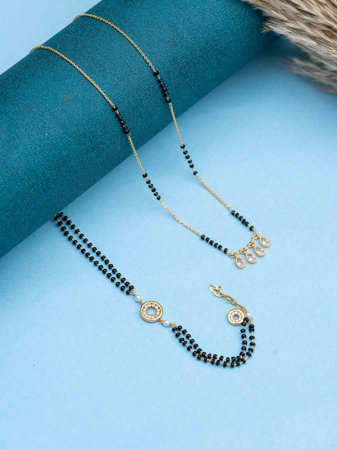 Zeraki Jewels Meher And Shanaya Set Of 2 Stones Studded & Beaded Mangalsutra With Bracelet