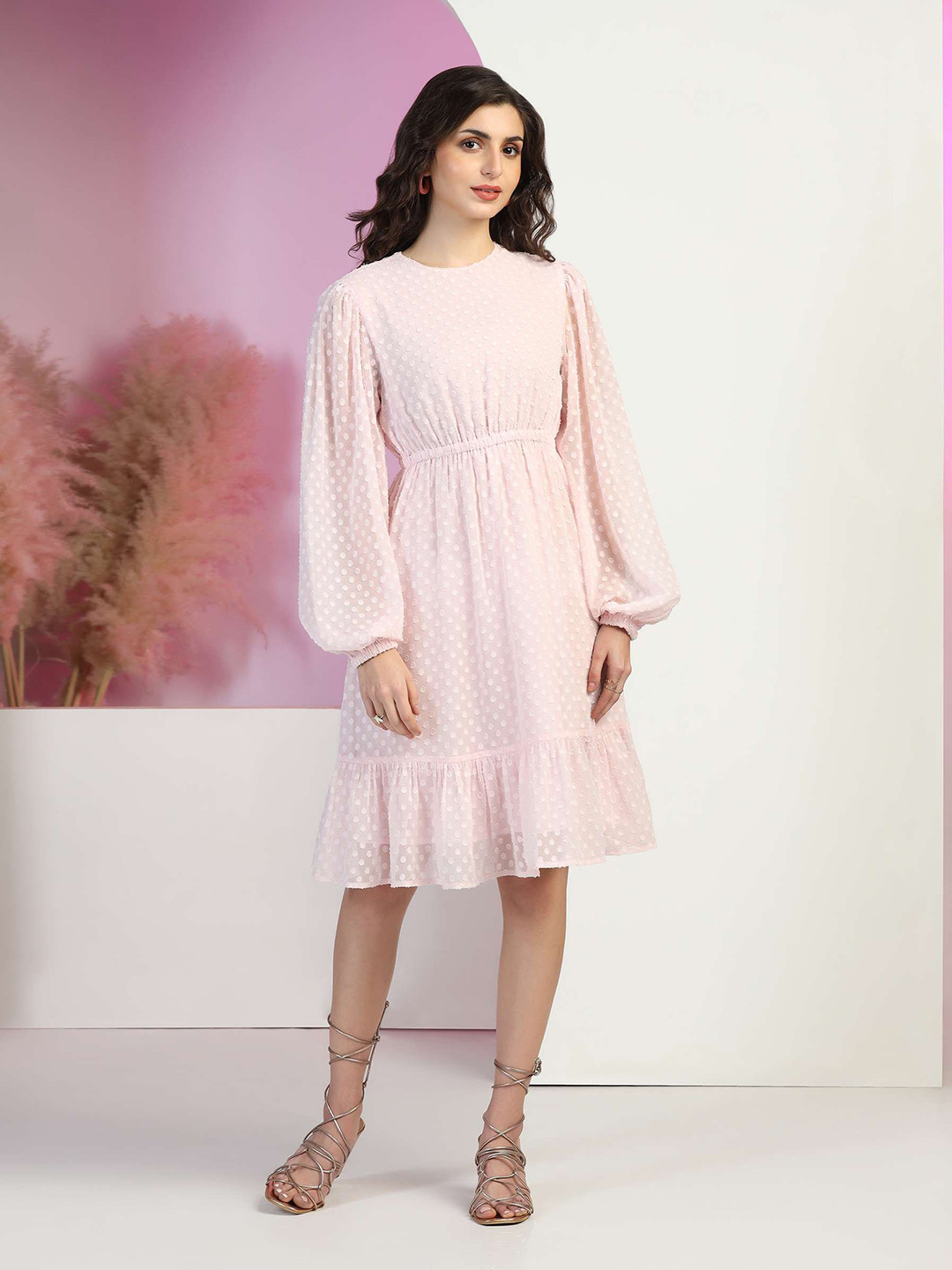 FLY STITCH Women Puff Sleeve Ruffled Georgette Fit and Flare Midi Dress