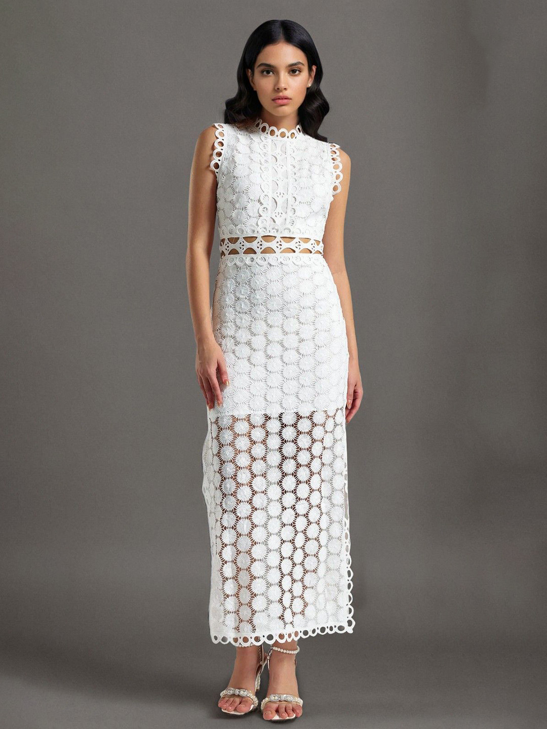 ANNY Embroidered Cut-Out Detail Slits Chiffon Sheath Maxi Dress