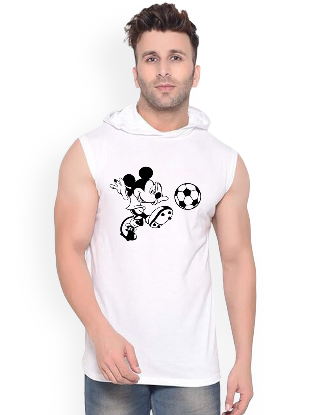 Fashnobic Men Hooded Neck Mickey Mouse Printed Gym Vest