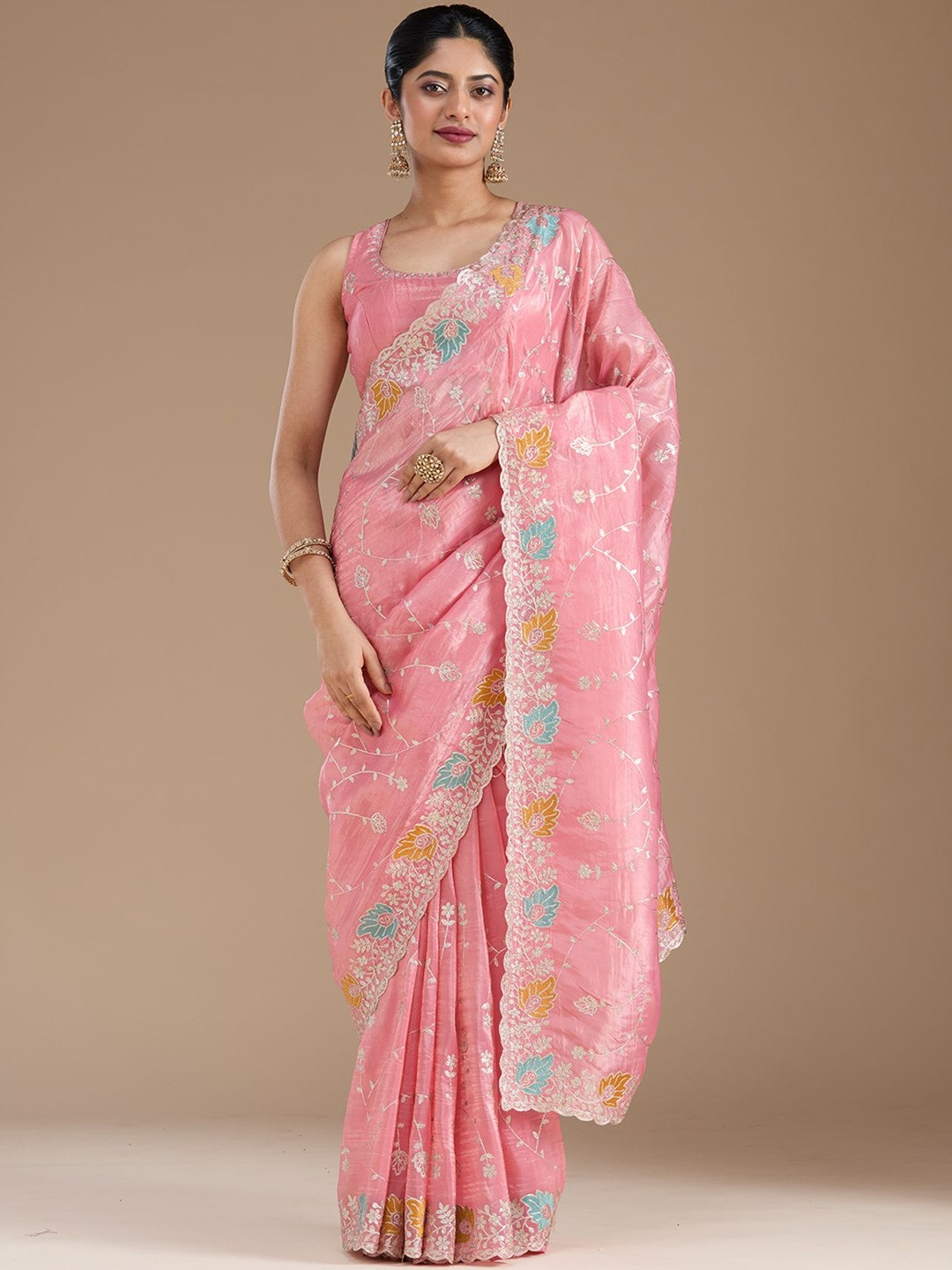 Koskii Ethnic Motifs Embroidered Sequinned Onion Pink Gotapatti Organza Saree