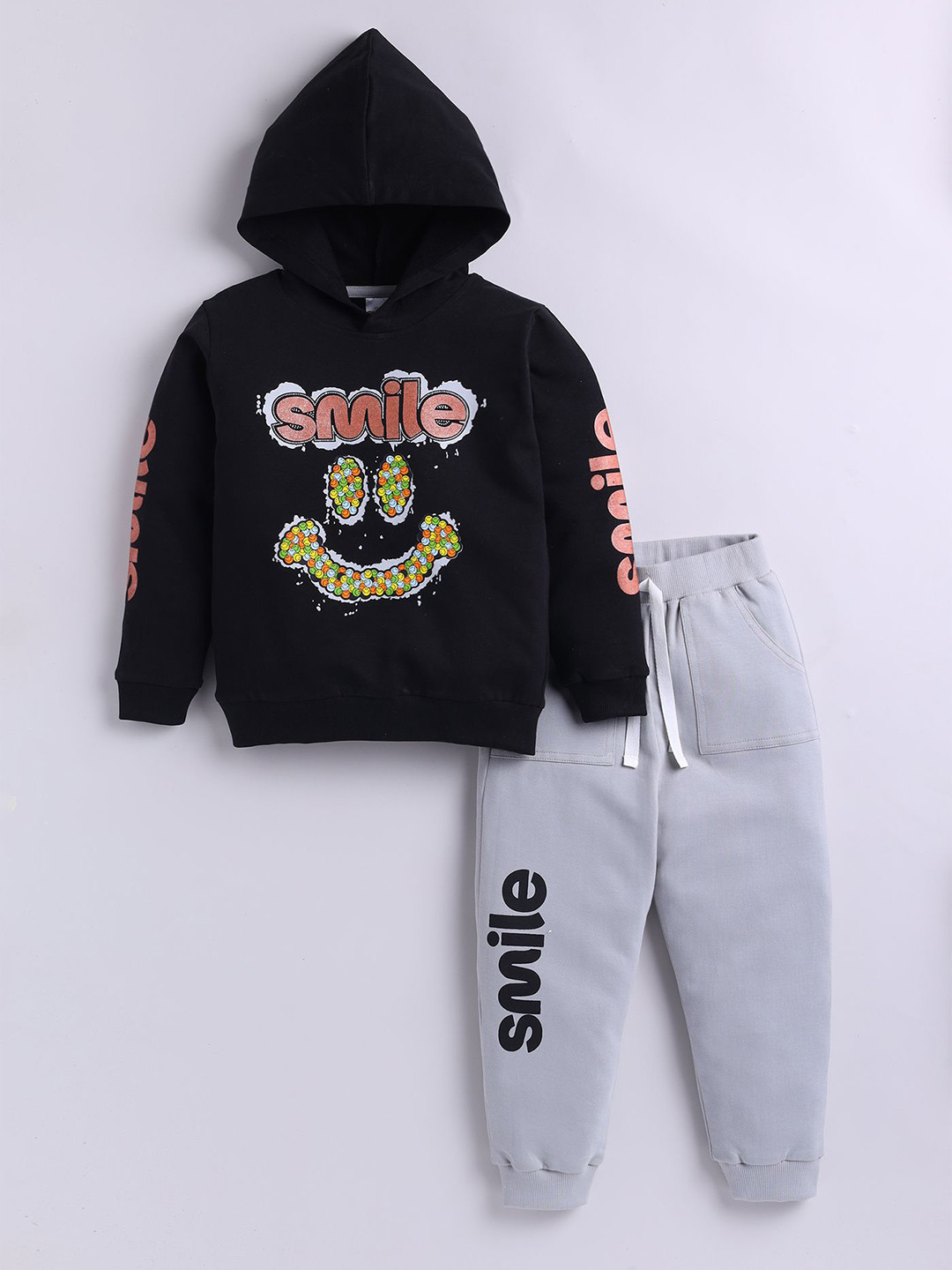 LITTLE NINJA Infant Boys Typography Printed Hooded Pure Cotton Sweatshirt With Joggers