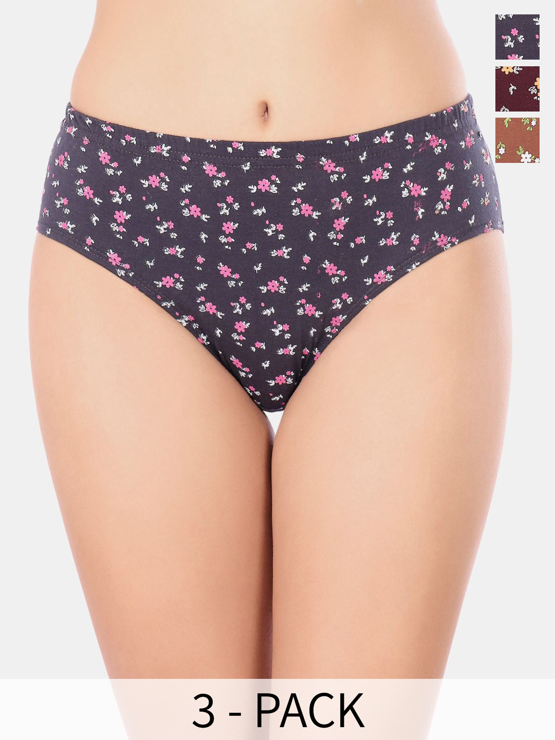 Bodycare Pack Of 3 Premium Assorted Floral-Printed Cotton Mid-Rise Basic Briefs - 9423