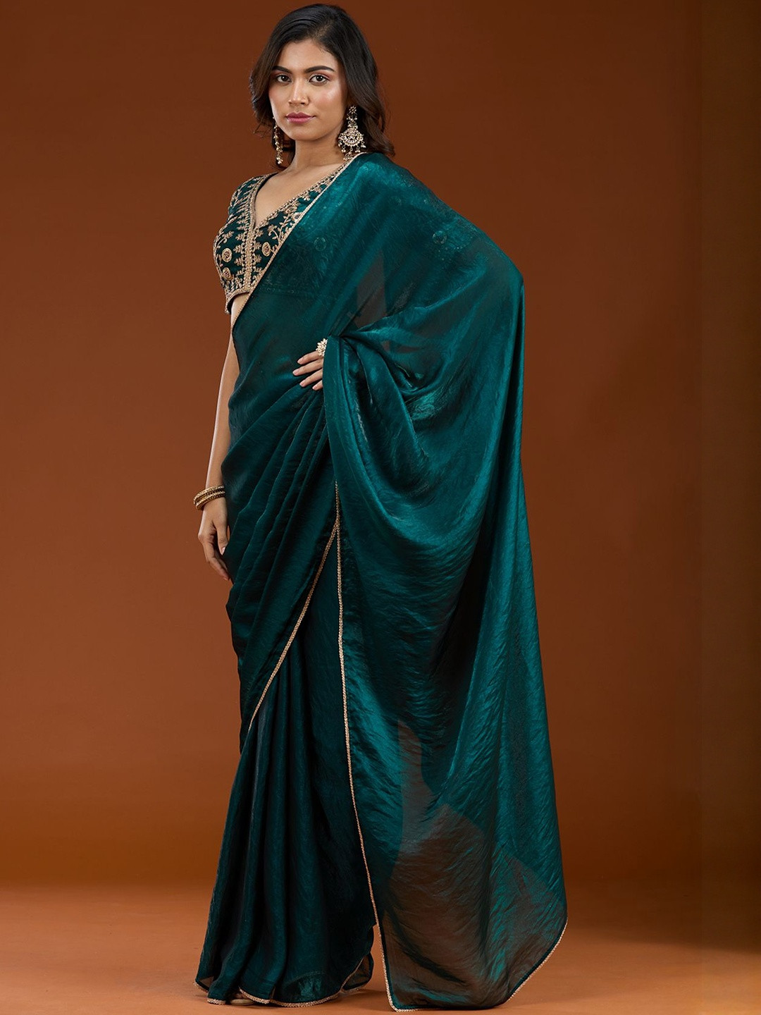 Koskii Bottle Green Sequins Tissue Saree