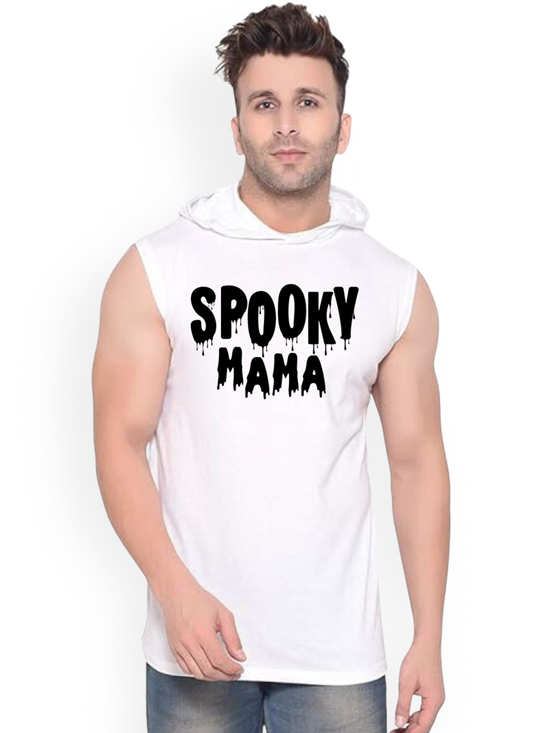 Fashnobic Men Spooky Mama Printed Hooded-Neck Gym Vest