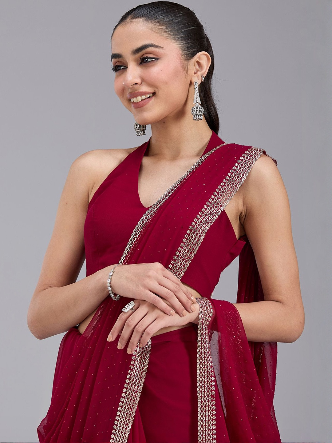 Koskii Maroon Stonework (Gold) Georgette Saree