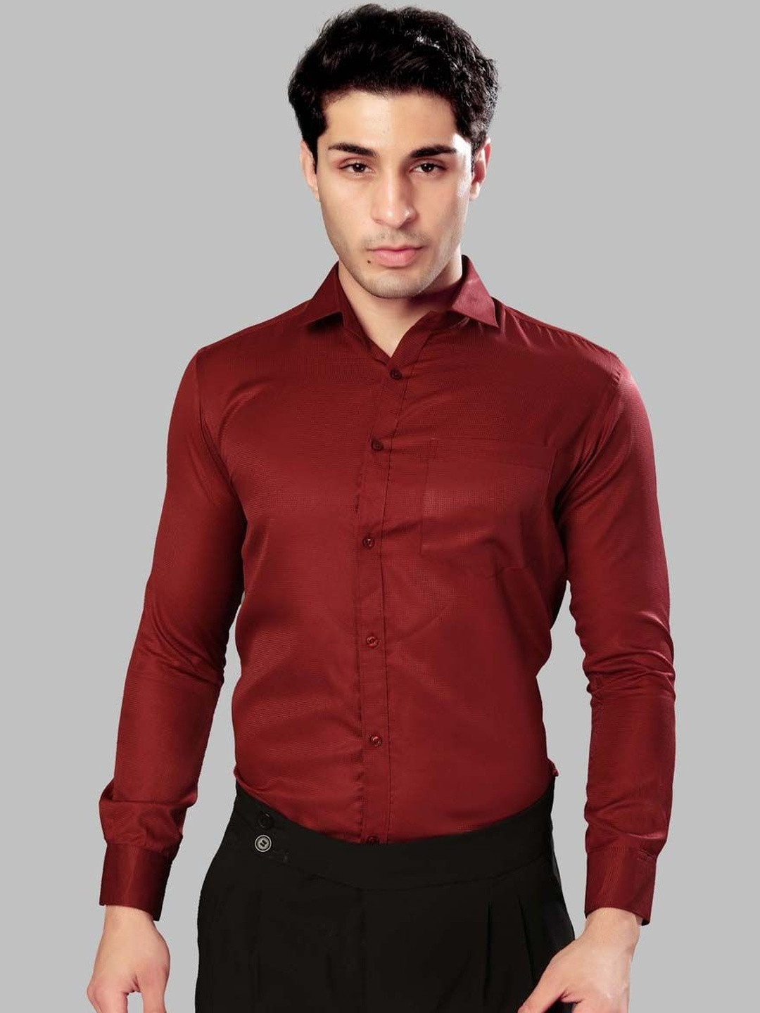 UR ETHICS Men Red Self Design Slim Fit Premium Semiformal Shirts