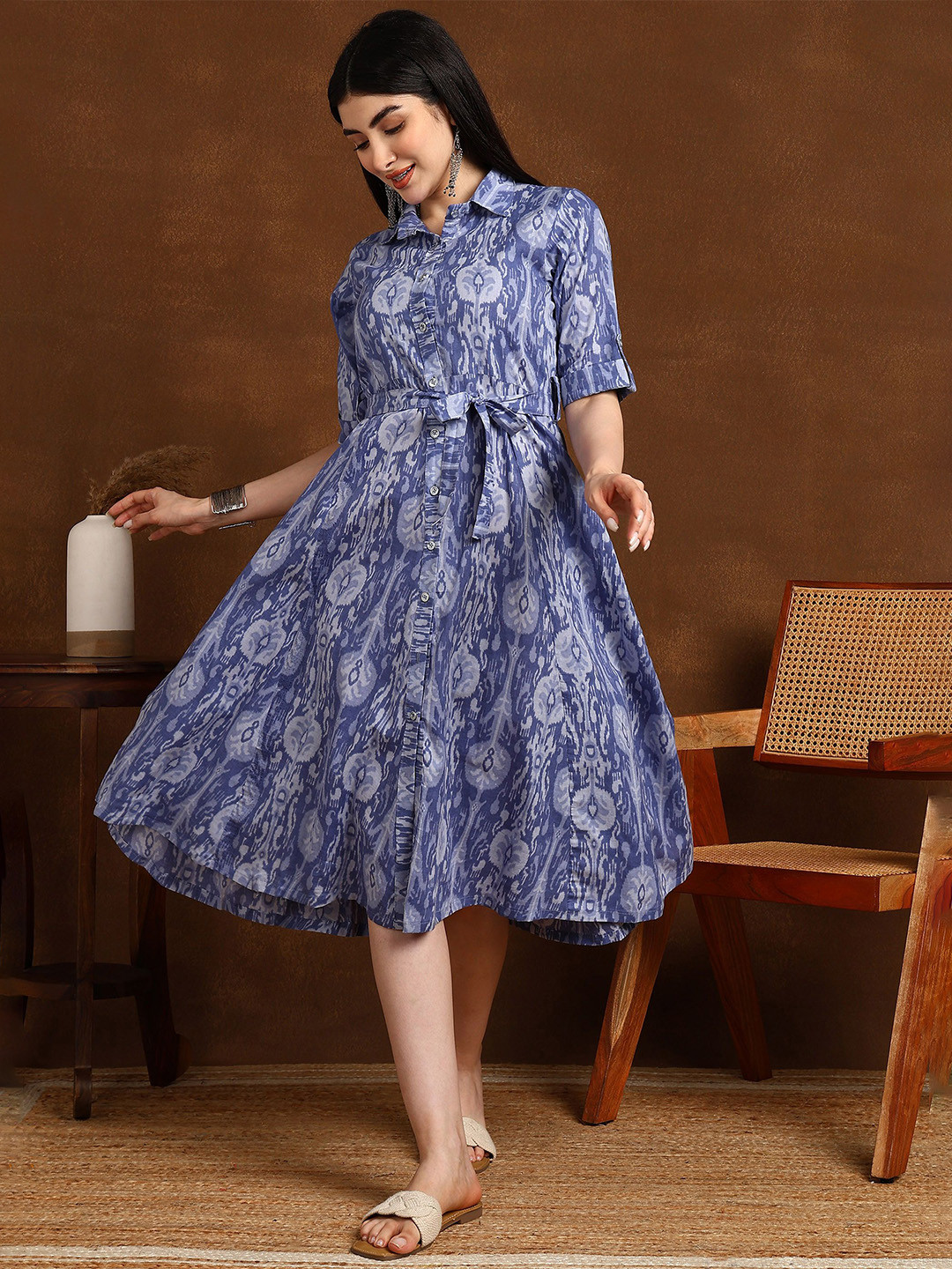 ADYASAA THE LABEL Ikat Print Roll-Up Sleeves Cotton Shirt Midi Dress