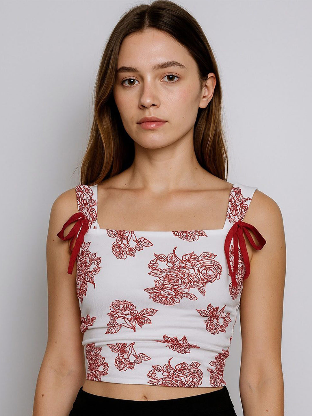 Street Style Store Floral Printed Tie Up Shoulder Straps Fitted Crop Top