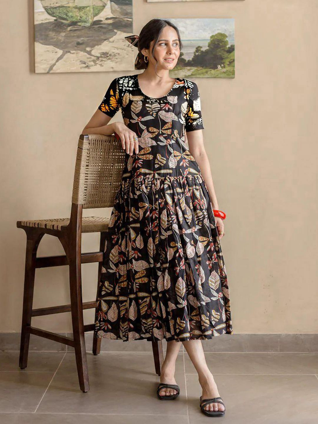 GoSriKi Floral Printed Round Neck Flared Drop-Waist Midi Dress