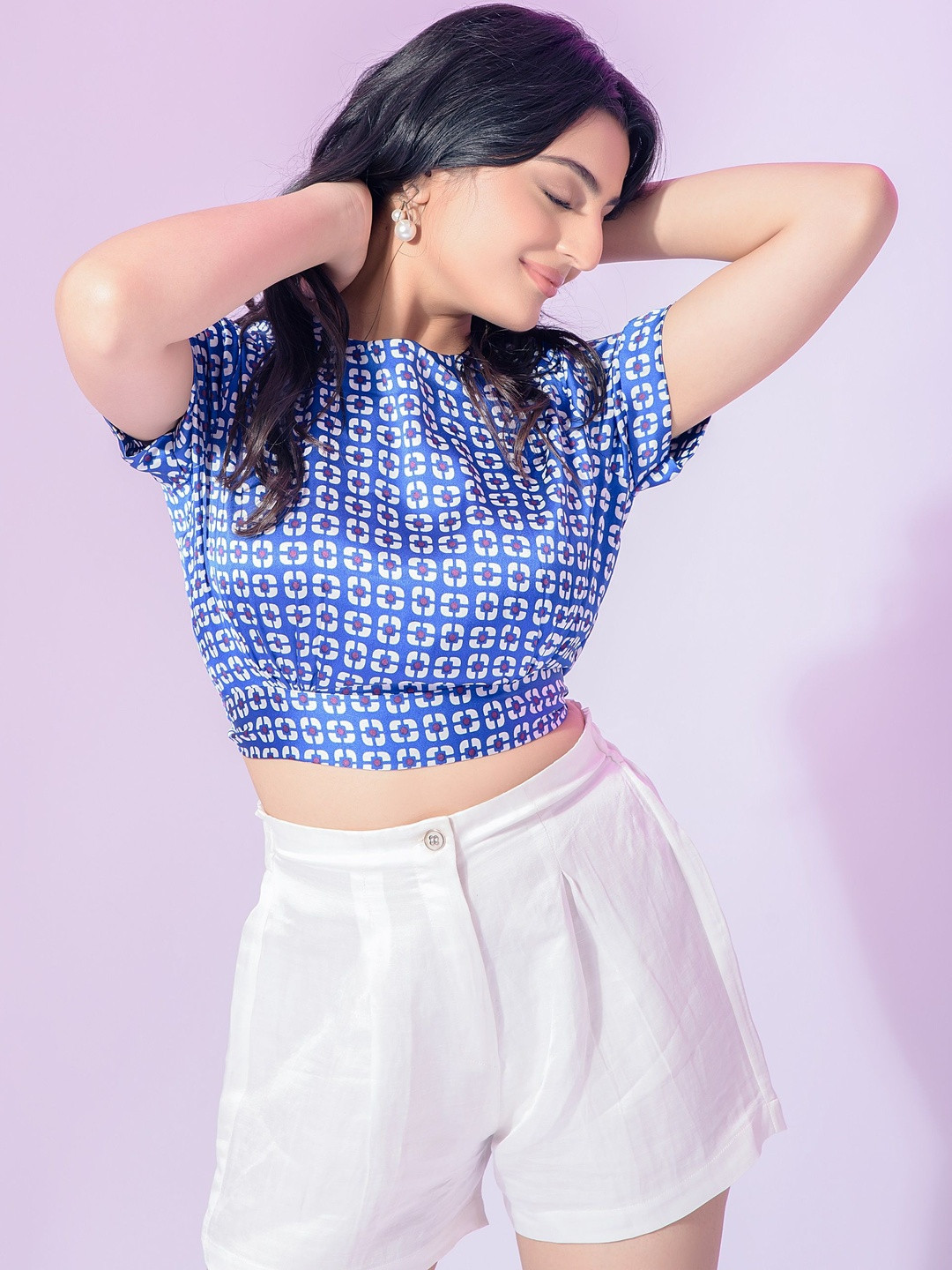 Moda Rapido Women Satin Printed Crop Top And White Viscose Rayon Solid Short