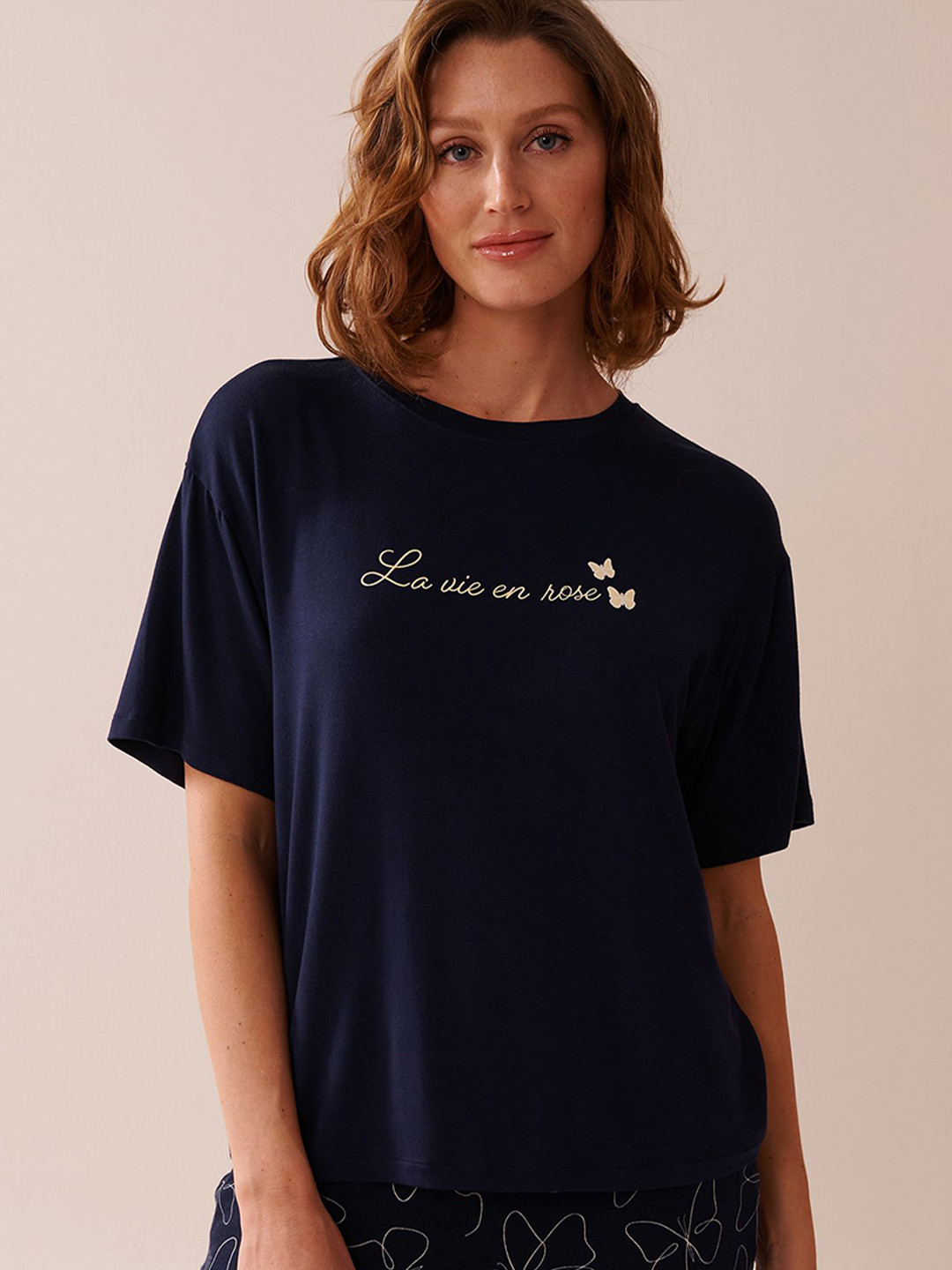 La Vie en Rose Women Butterfly Printed Soft Drop Shoulder Relaxed Fit Lounge T-shirt
