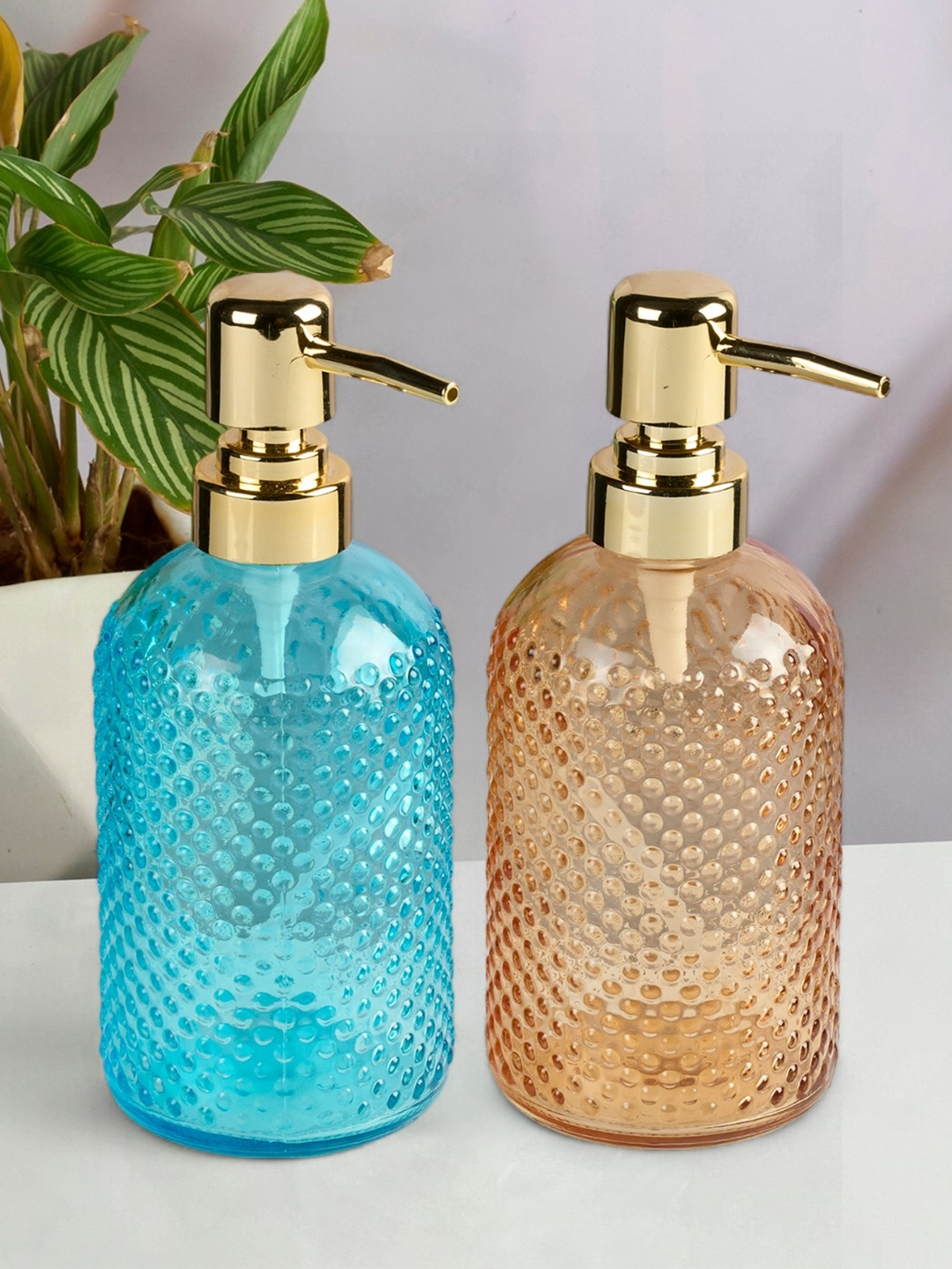 Kookee Blue & Orange Colored 2 Pieces Textured Glass Soap Dispensers 400ml Each