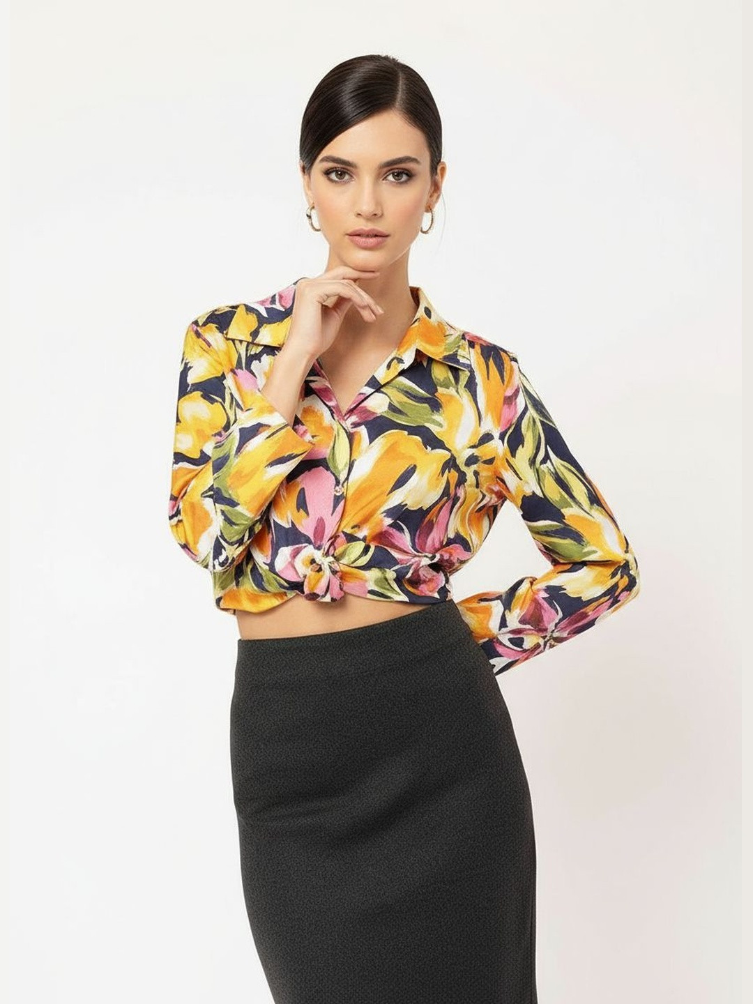 DressBerry Delicate Dance Satin Floral Print Slit Sleeve Top