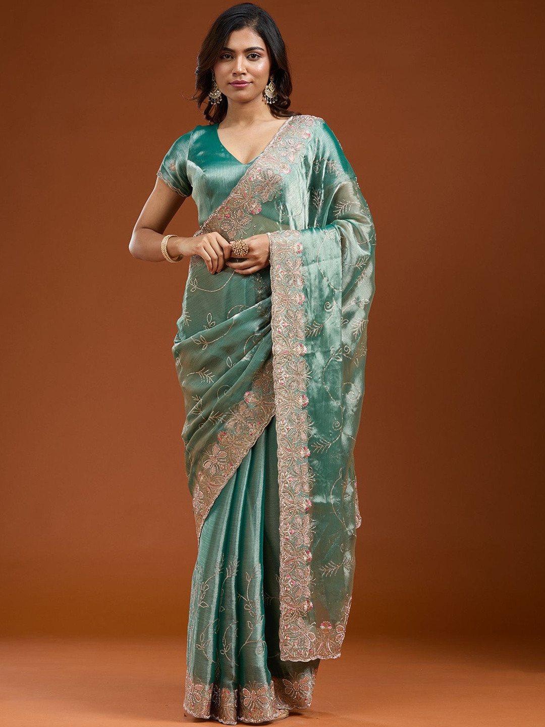 Koskii Sea Green Stonework Gold Organza Saree