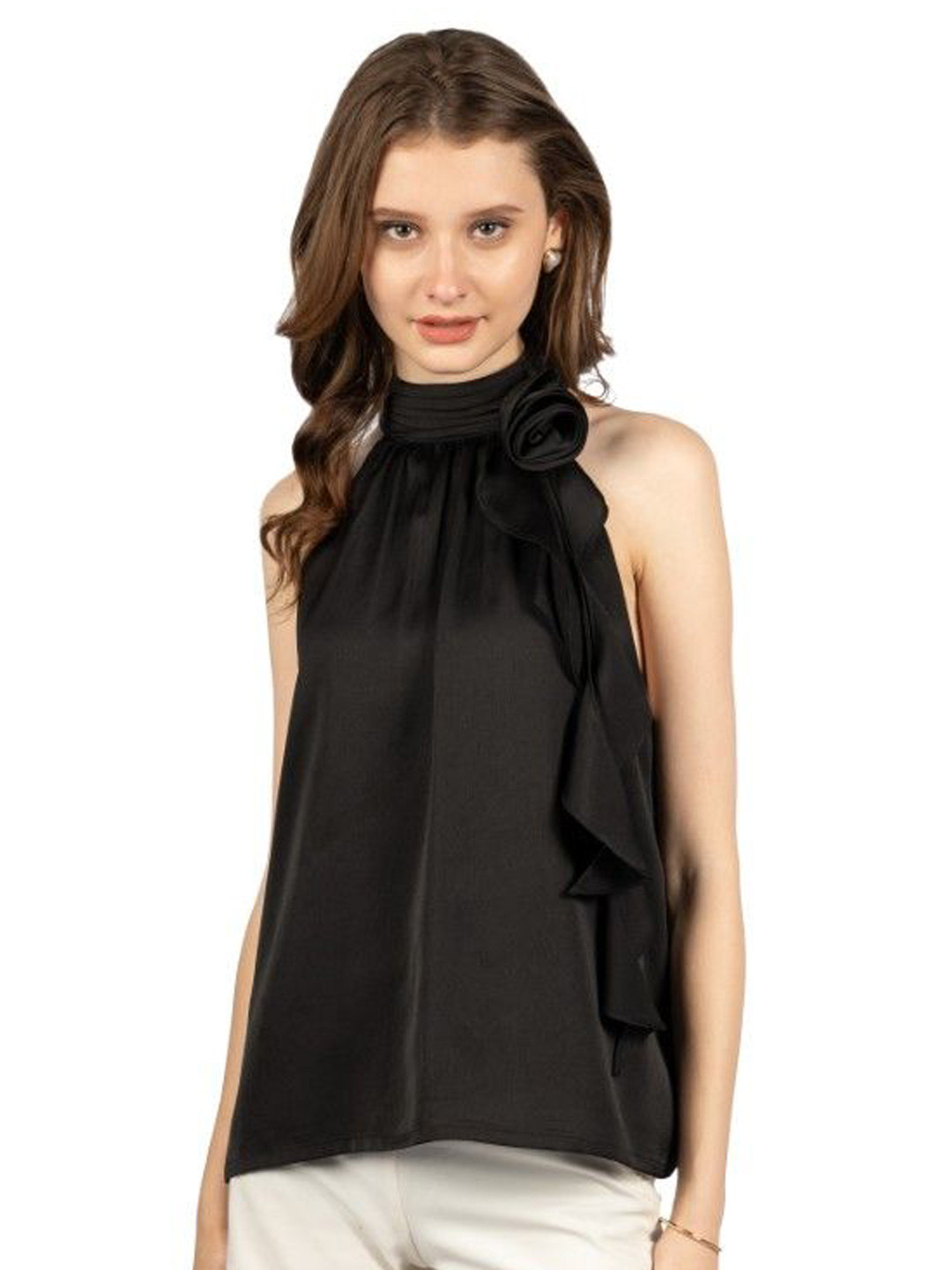 CORY EDGE Women Halter Neck Ruffles Satin Regular Top